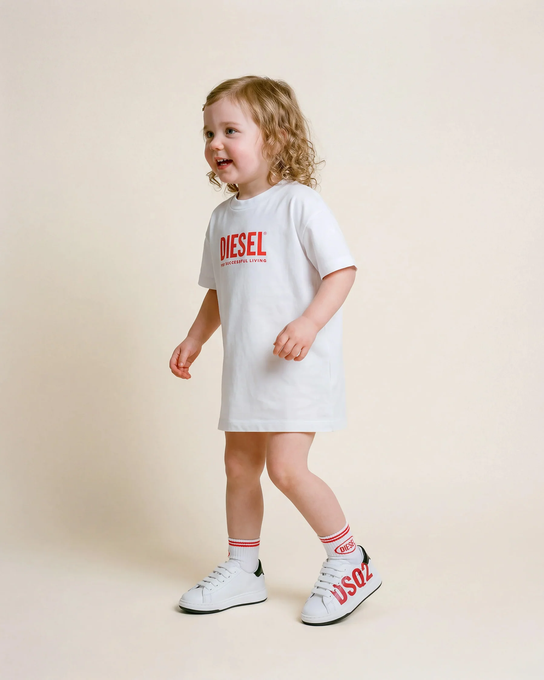 Diesel Kids Abito Bianco con Logo Stampato per Neonate