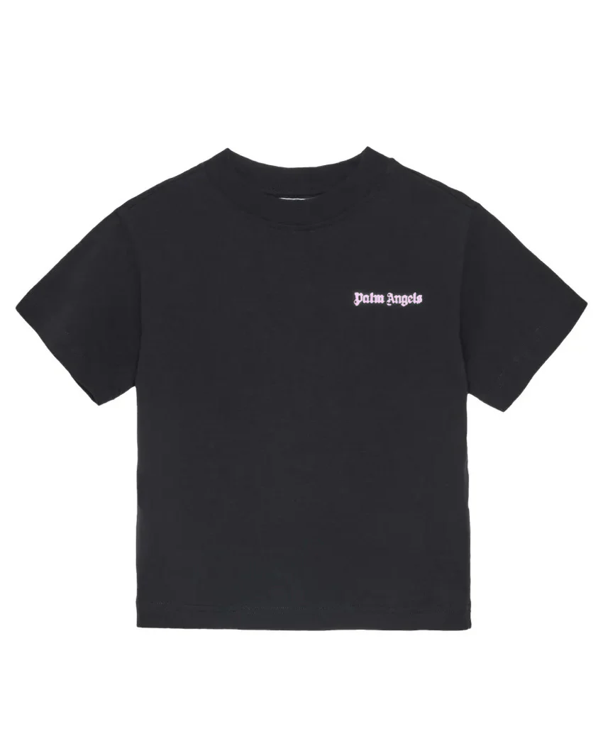 Palm Angels Kids T-Shirt Nero con Logo Rosa per Bambine