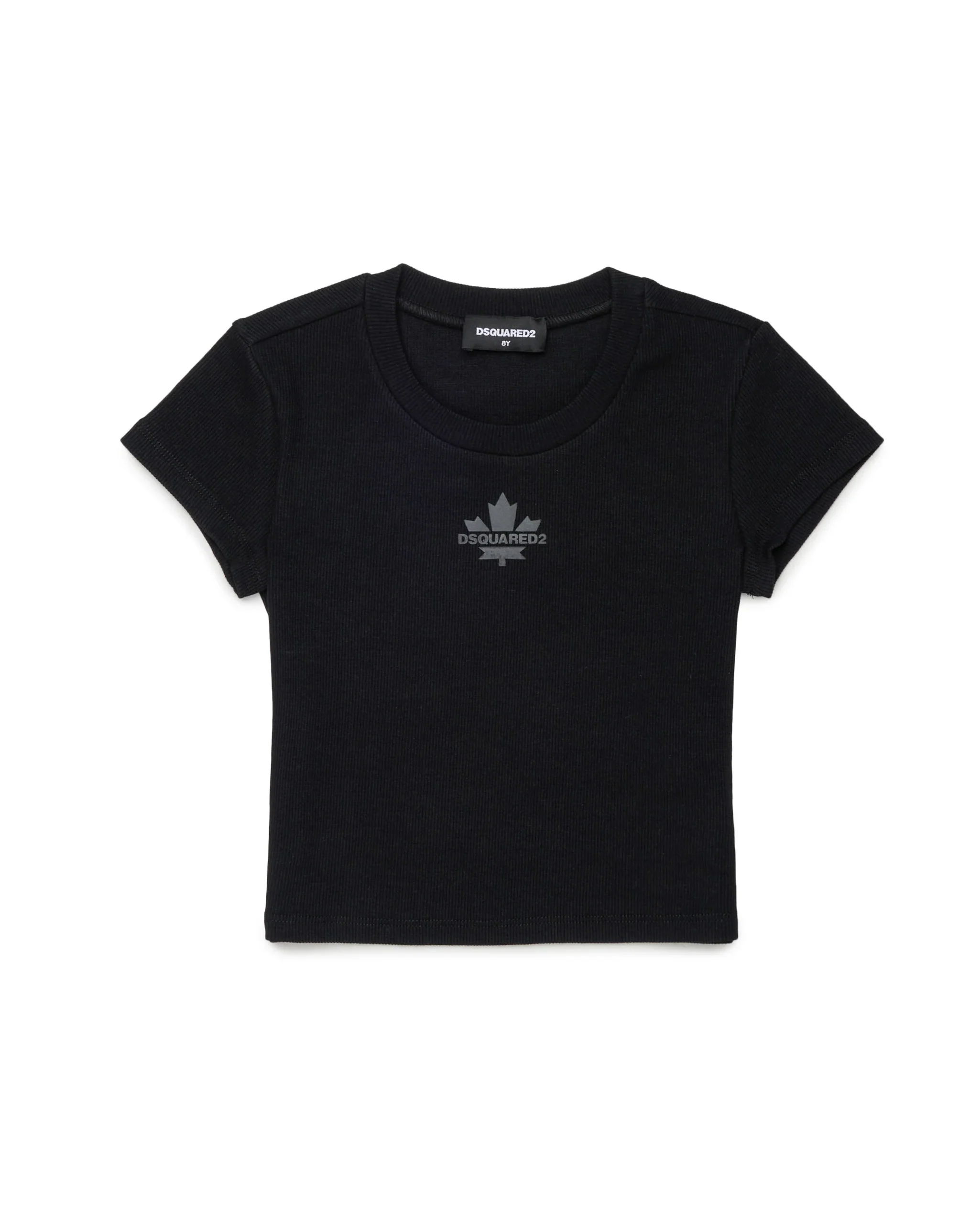 Dsquared2 Kids T-Shirt Nera a Costine con Logo Stampato al Centro
