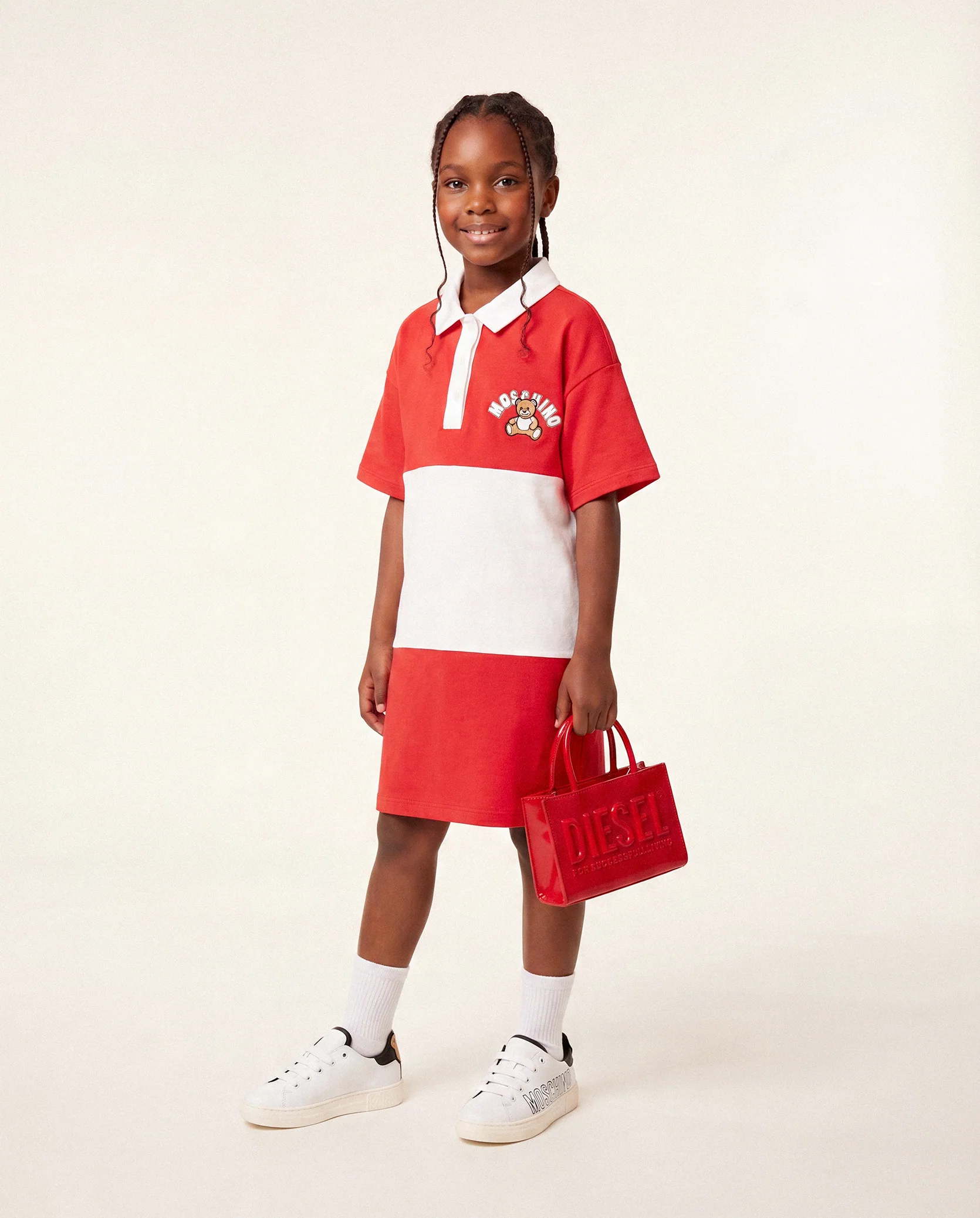 Moschino Kids Abito Rosso e Bianco con Logo per Bambine