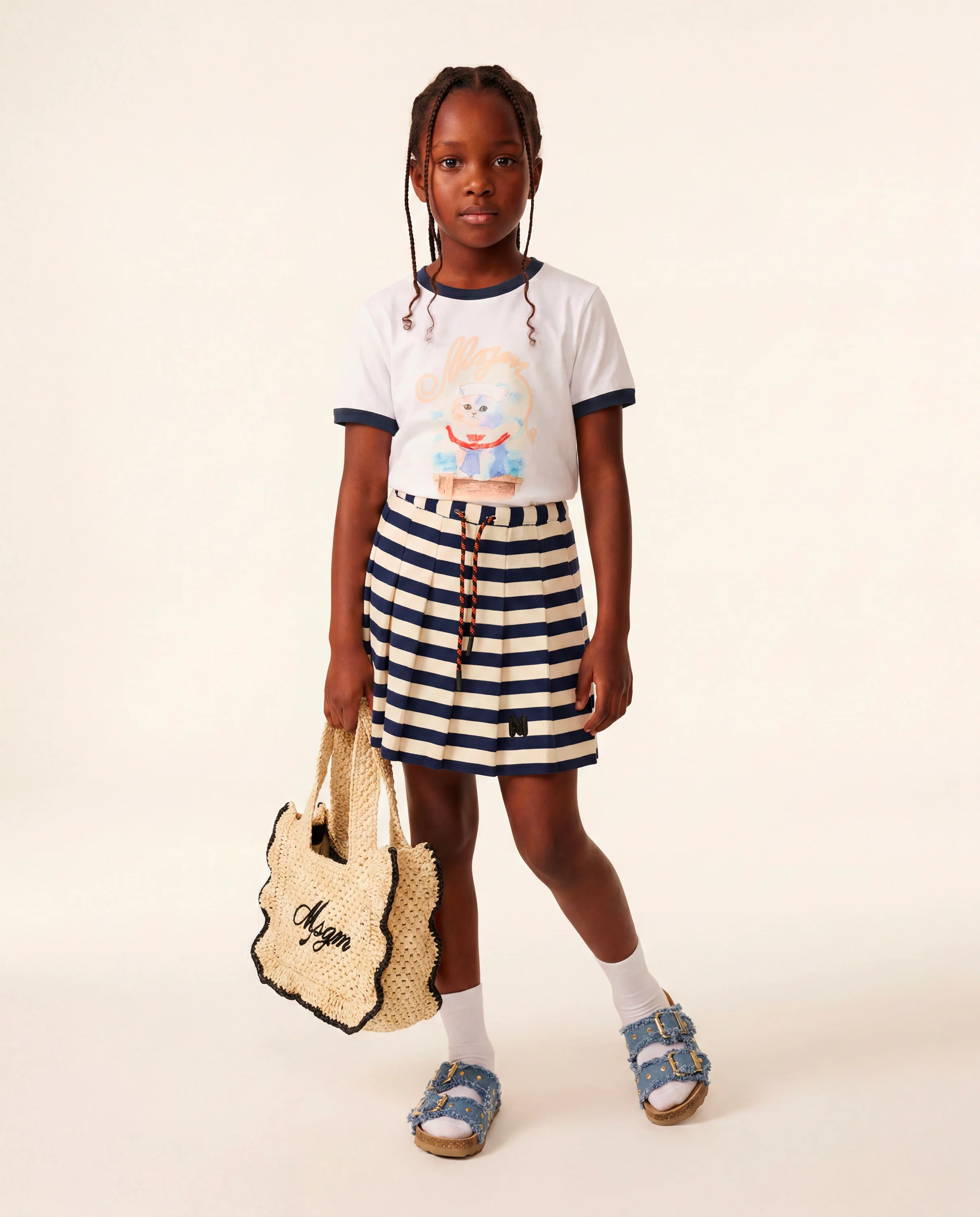 Msgm Kids T-Shirt Bianco e Blu con Stampa per Bambine