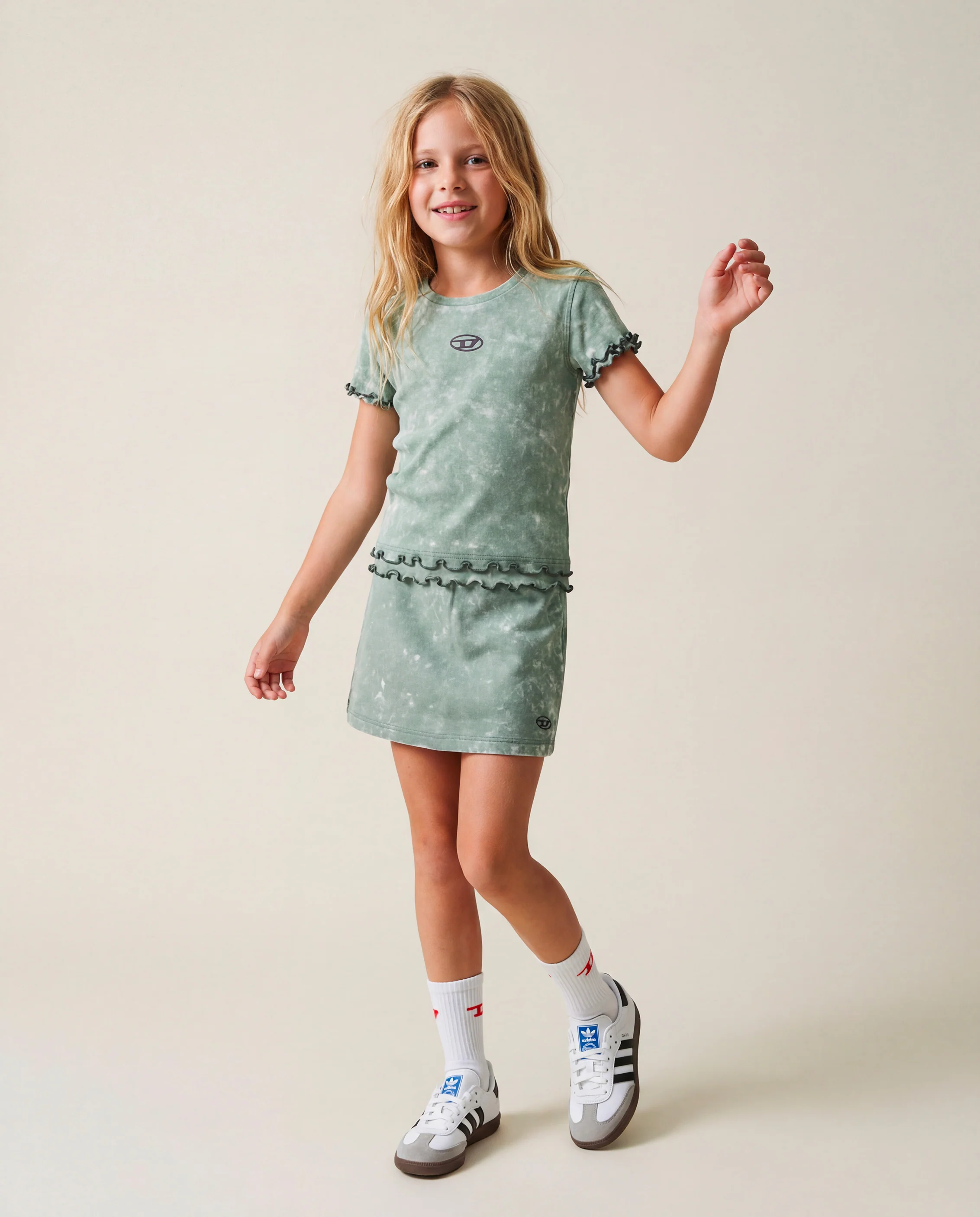 Diesel Kids T-Shirt Grigia Sfumata a Costine con Logo in Rilievo per Bambine