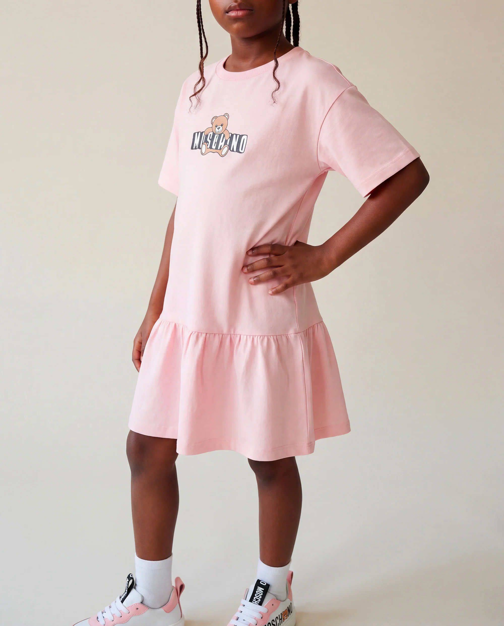Moschino Kids Abito Rosa con Gonna Rouches e Logo Teddy Bear per Bambine