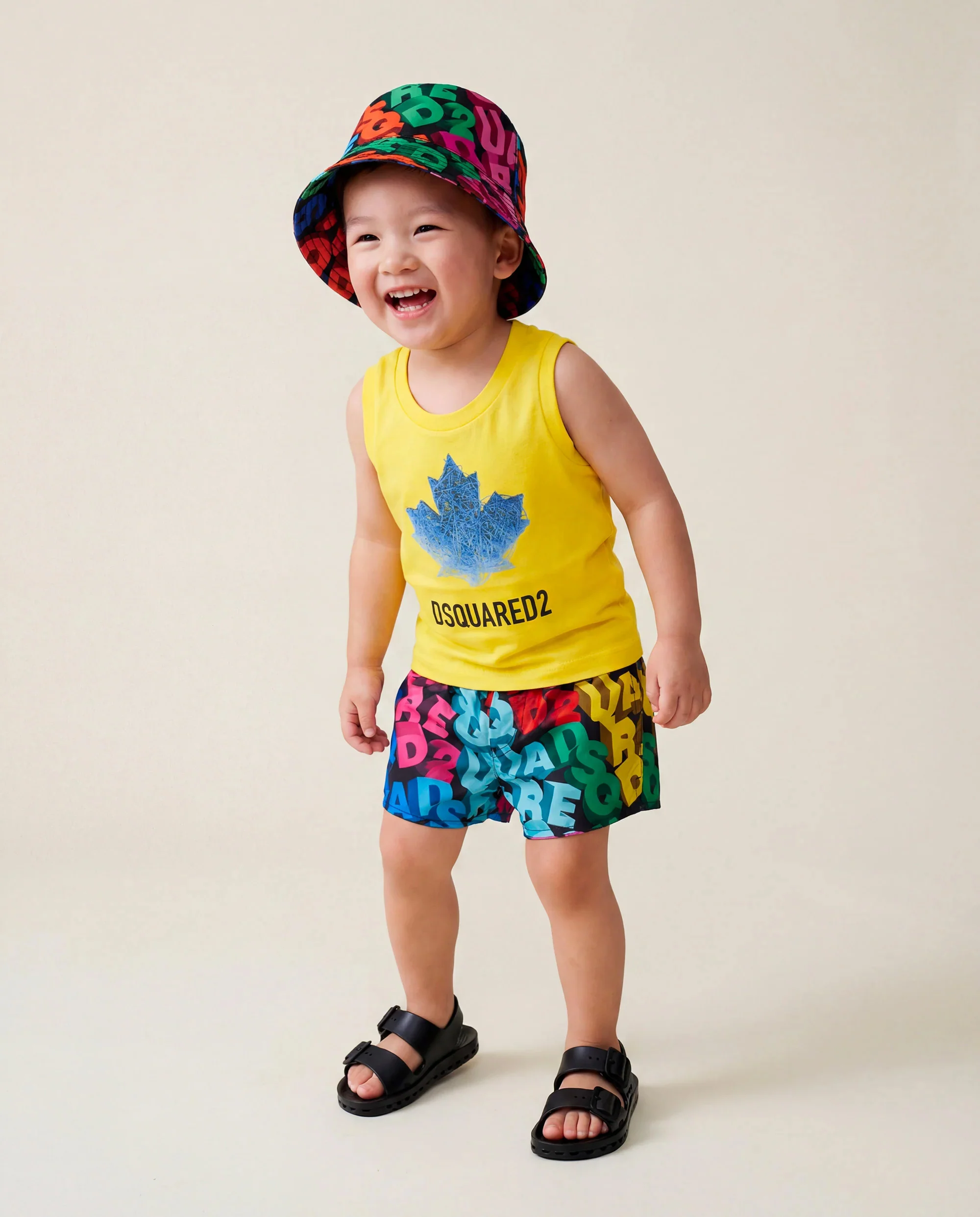 Dsquared2 Kids Canotta Gialla con Stampa Logo Foglio D'acero a Contrasto per Neonati