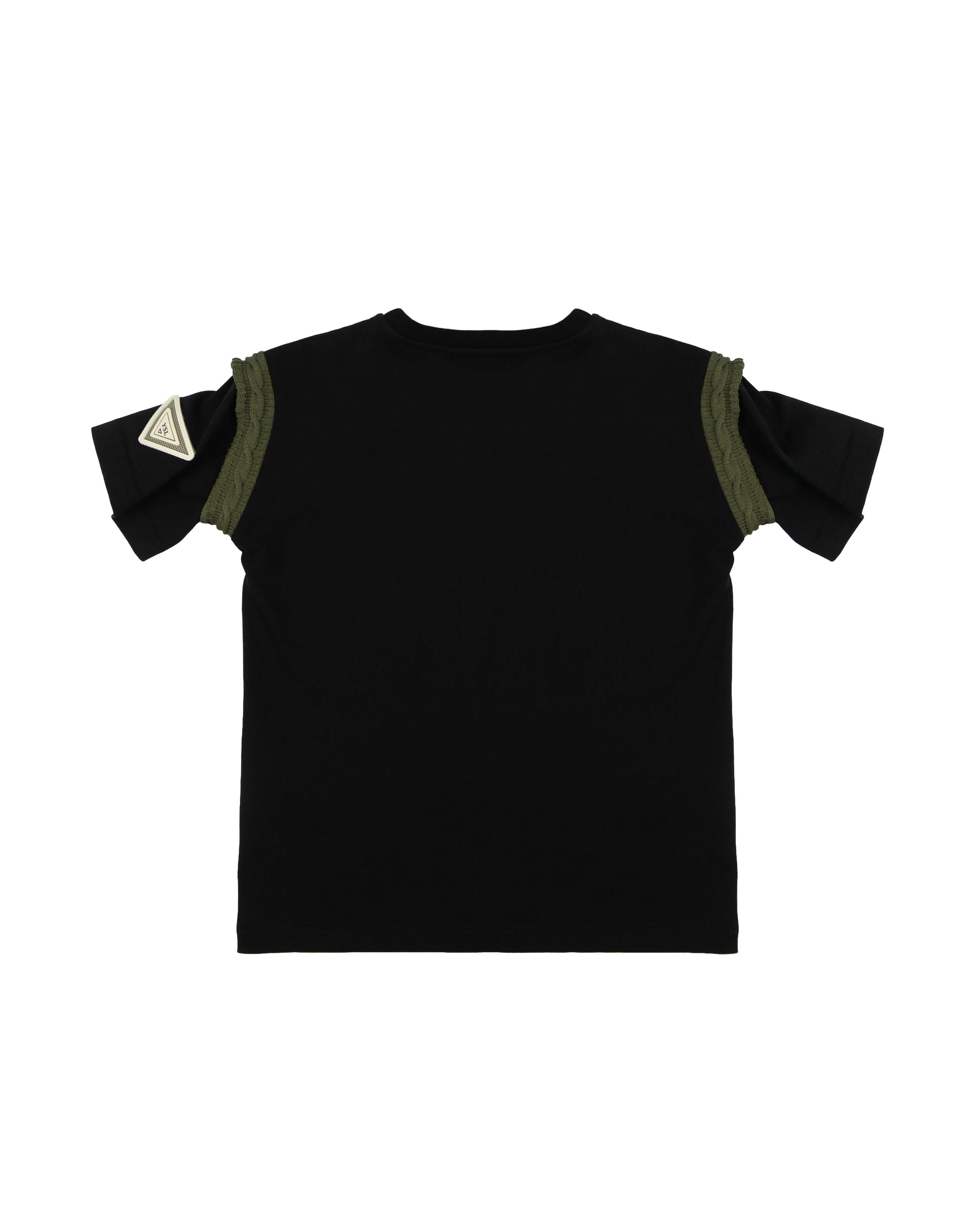 Yes London Kids T-Shirt Nera con Dettaglio Ricamo Verde sul Giromanica e Logo in Rilievo per Bambini