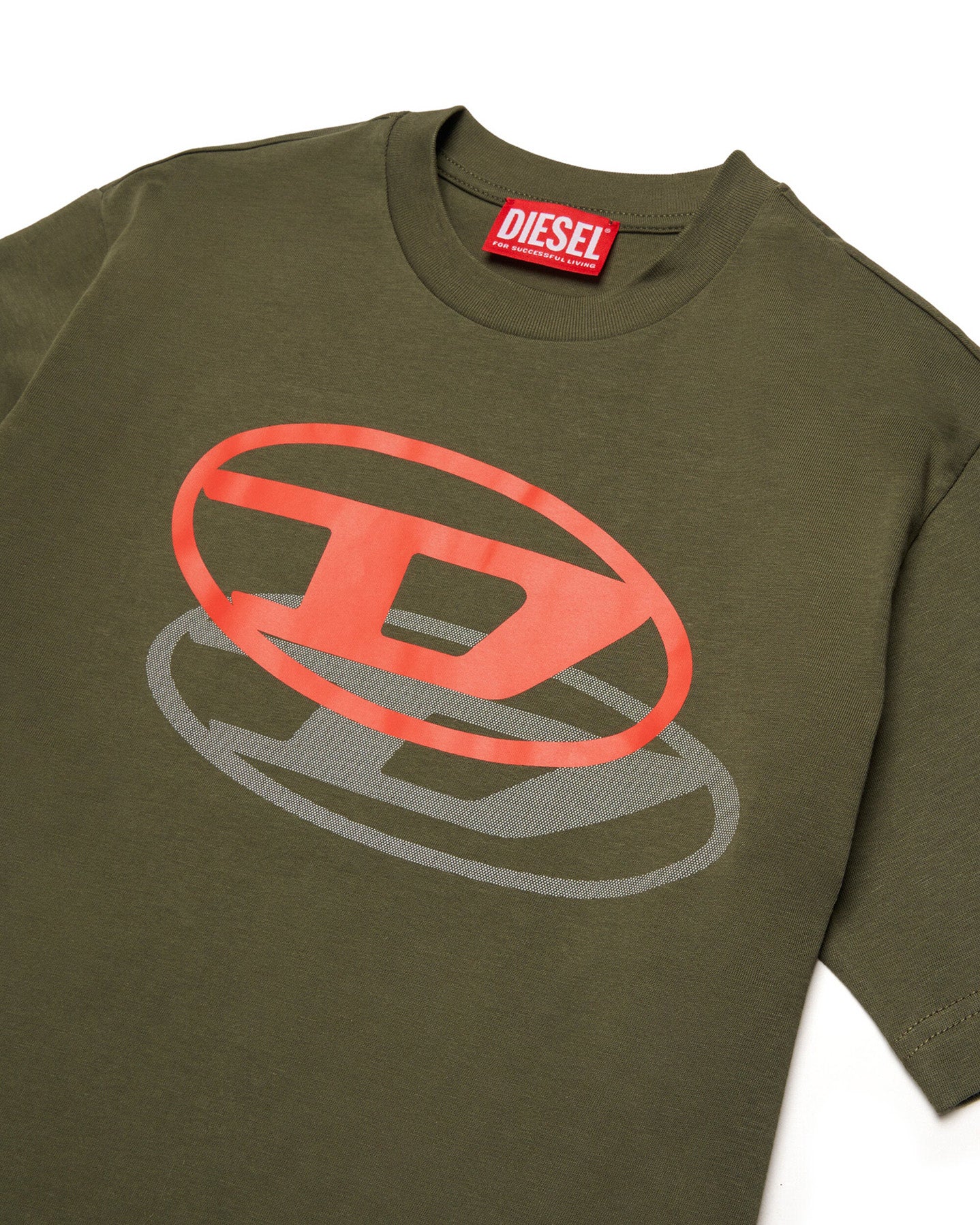 Diesel Kids T-shirt Verde con Doppia Stampa Logo Oval D Unisex per Bambiini