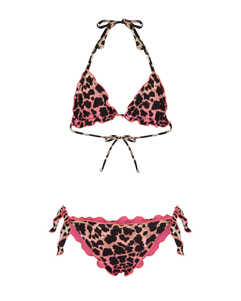 F**K Kids Costume Due Pezzi a Triangolo Fantasia Leopardato Rosa per Bambine