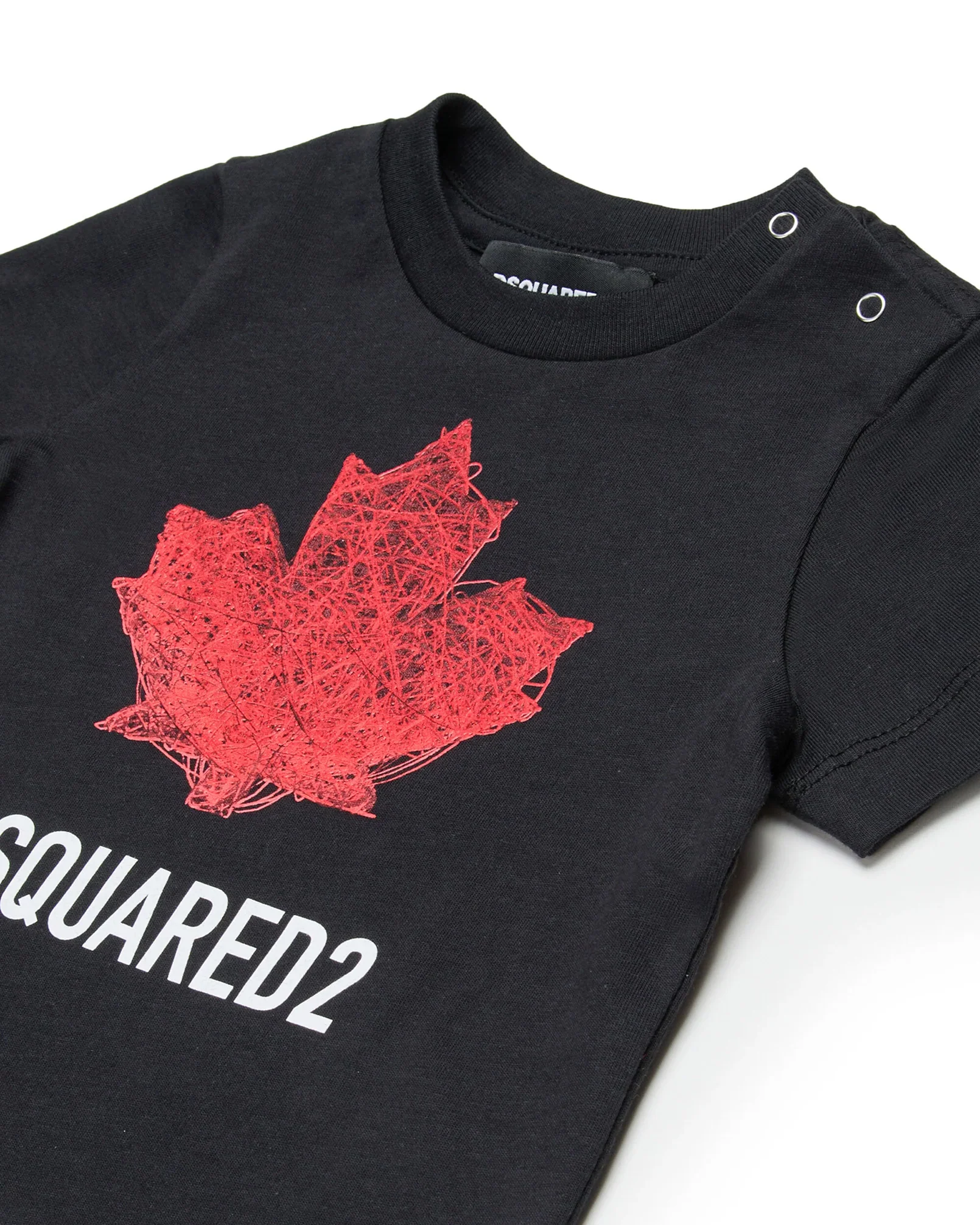 Dsquared2 Kids T-shirt Nera con Stampa Logo Foglio D'acero con Bottoni Apertura Spalla per Neonati
