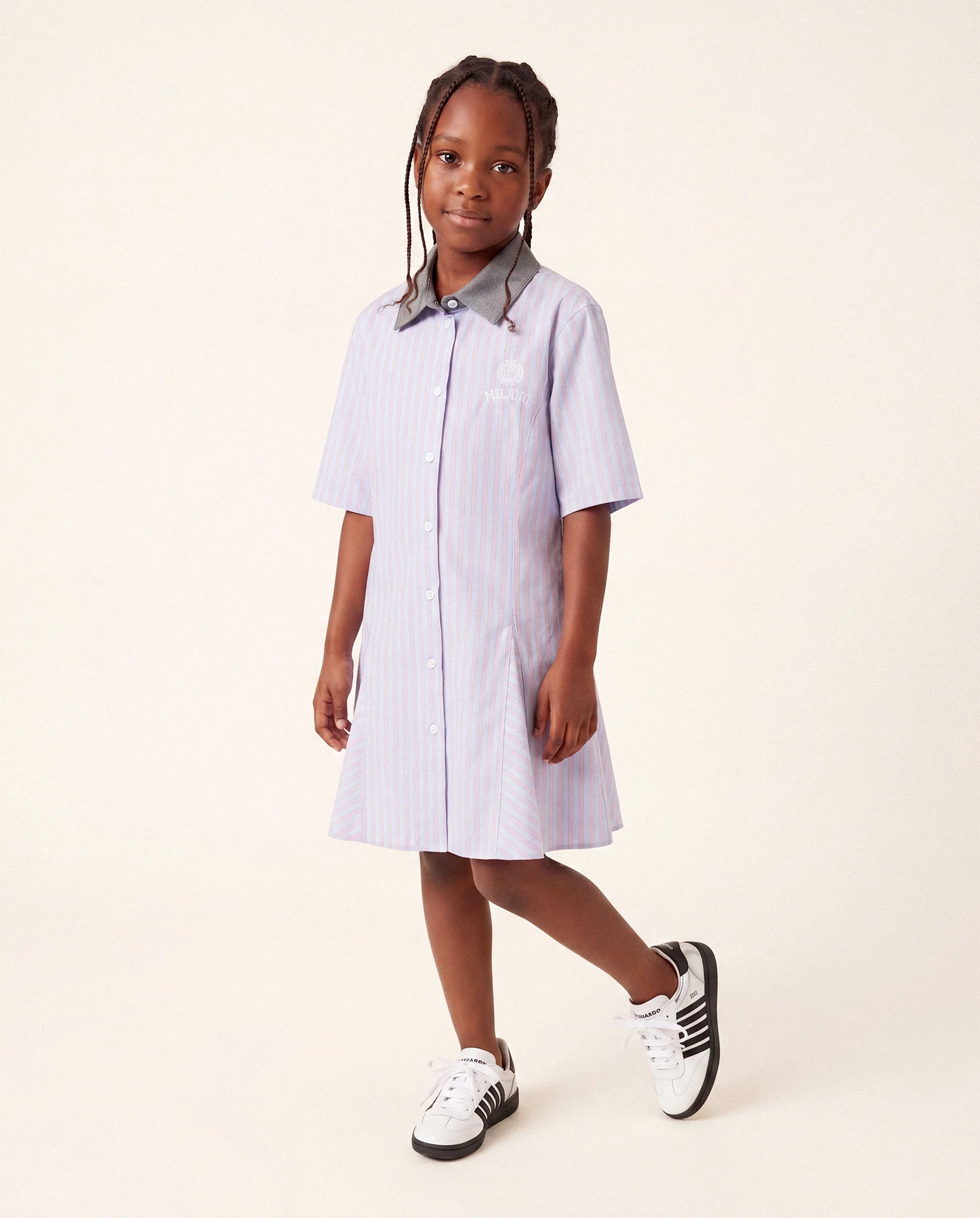 Msgm Kids Abito Fantasia a Righe Celeste e Blu con Logo Ricamato per Bambine