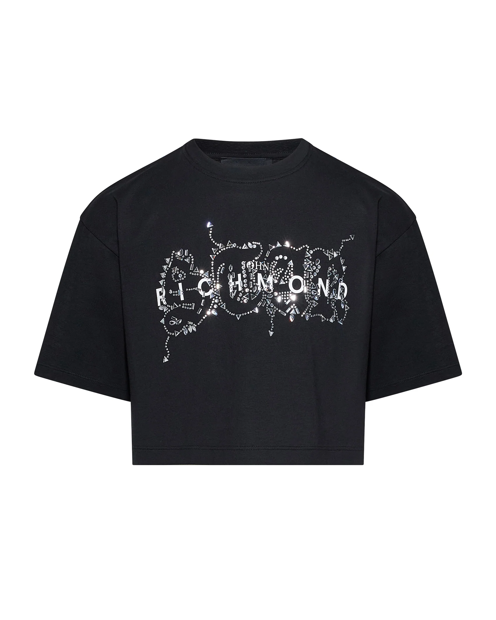 John Richmond Kids T-Shirt Nero Cropped con Logo e Applicazioni per Bambine