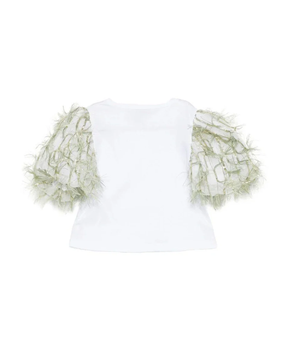 A'lapage Kids T-Shirt Bianco con Maniche Frangiate Oliva per Bambine