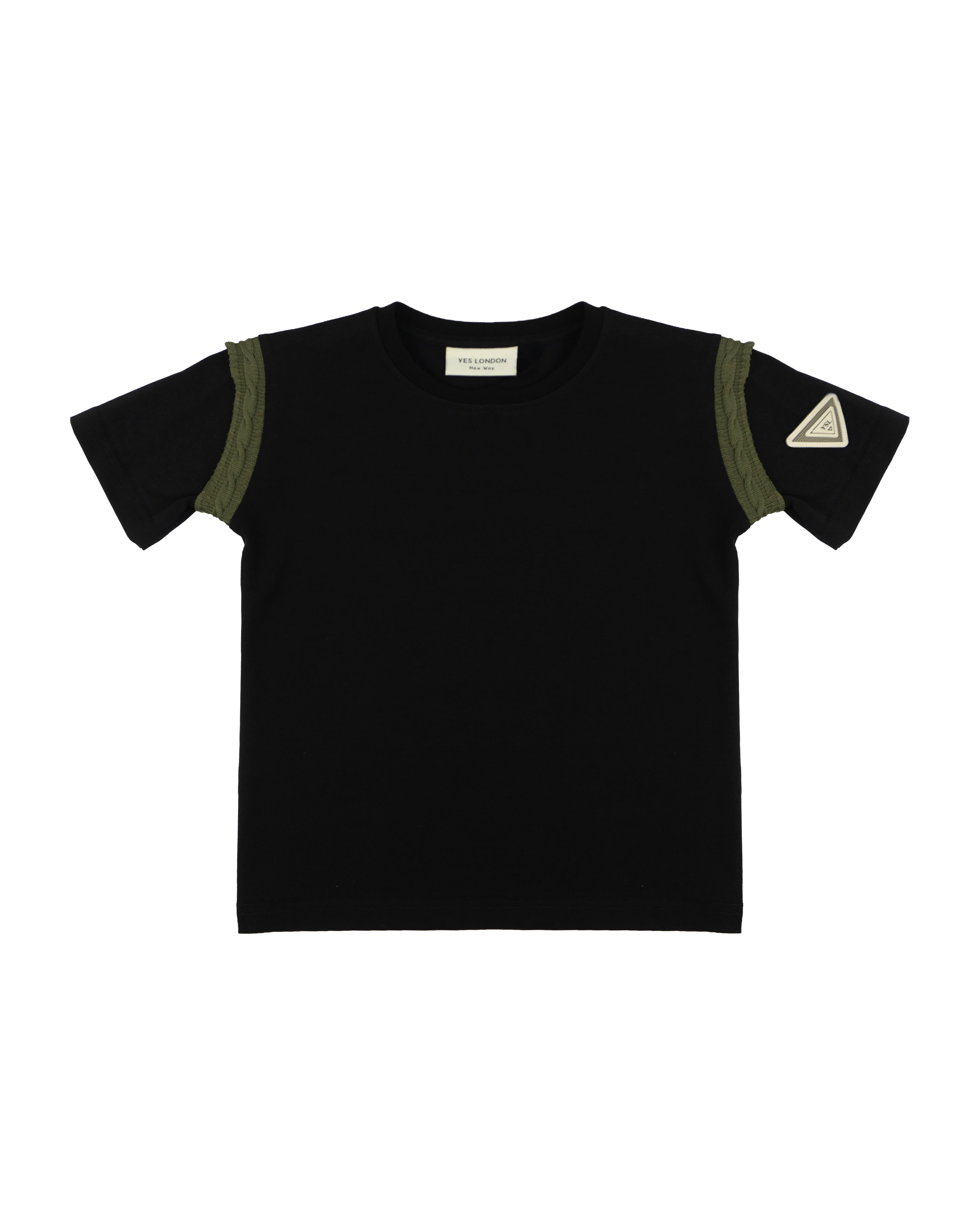 Yes London Kids T-Shirt Nera con Dettaglio Ricamo Verde sul Giromanica e Logo in Rilievo per Bambini