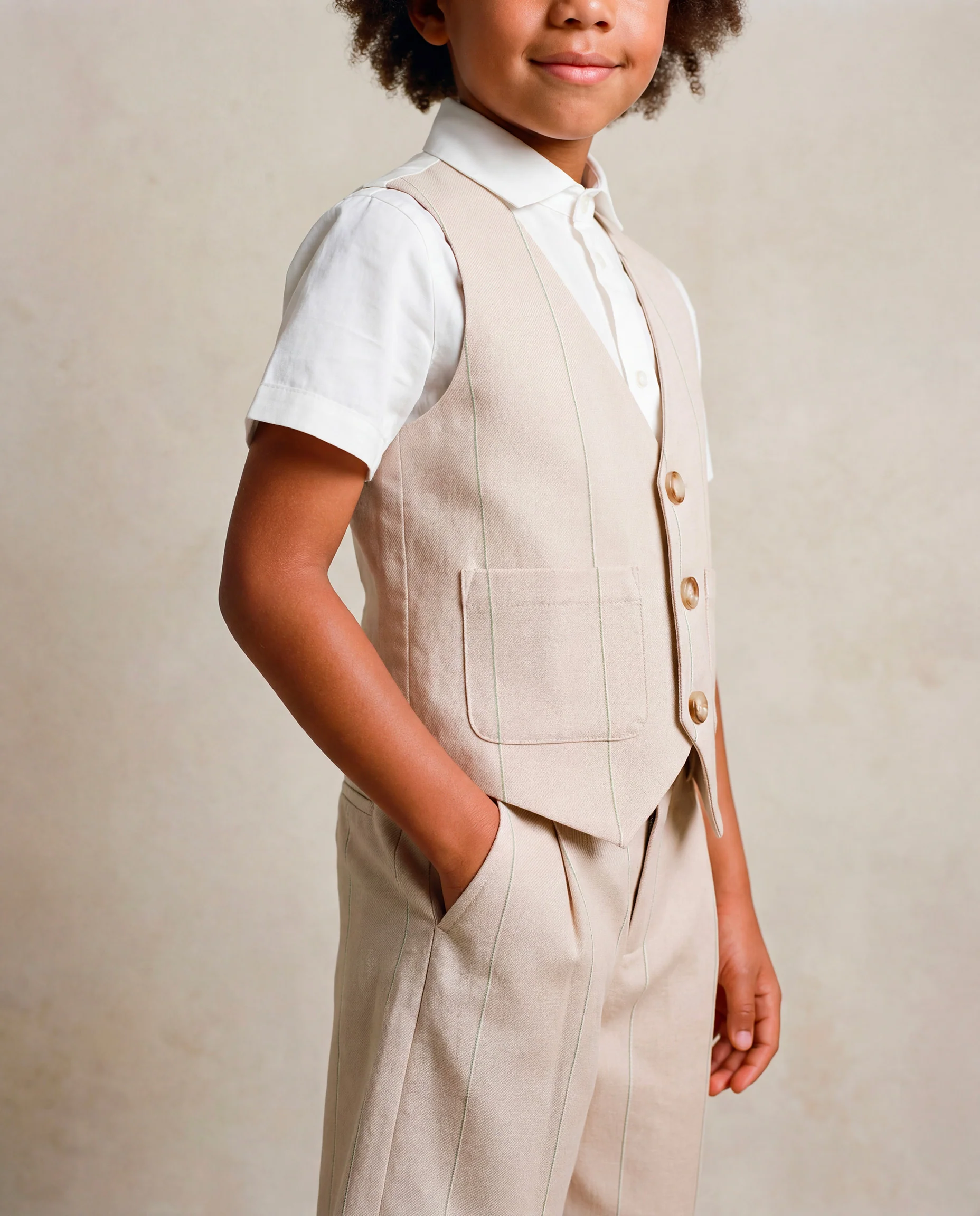 Fay Kids Camicia Bianca/Beige con Applicazione Gilet per Bambini