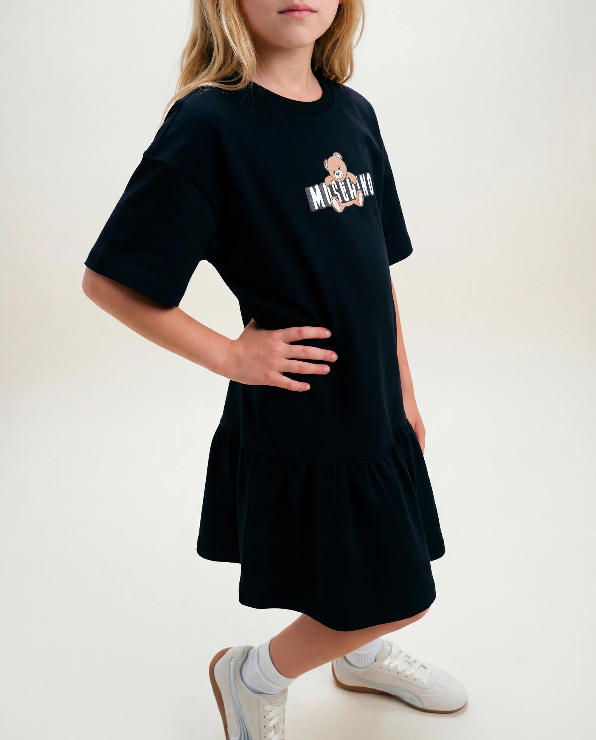 Moschino Kids Abito Nero con Gonna Rouches e Logo Teddy Bear per Bambine