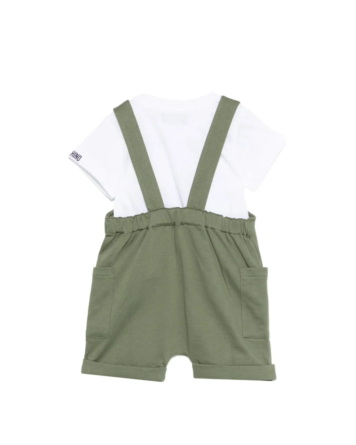 Moschino Kids T-Shirt+Salopette Bianco/Verde con Logo Teddy Bear per Neonati