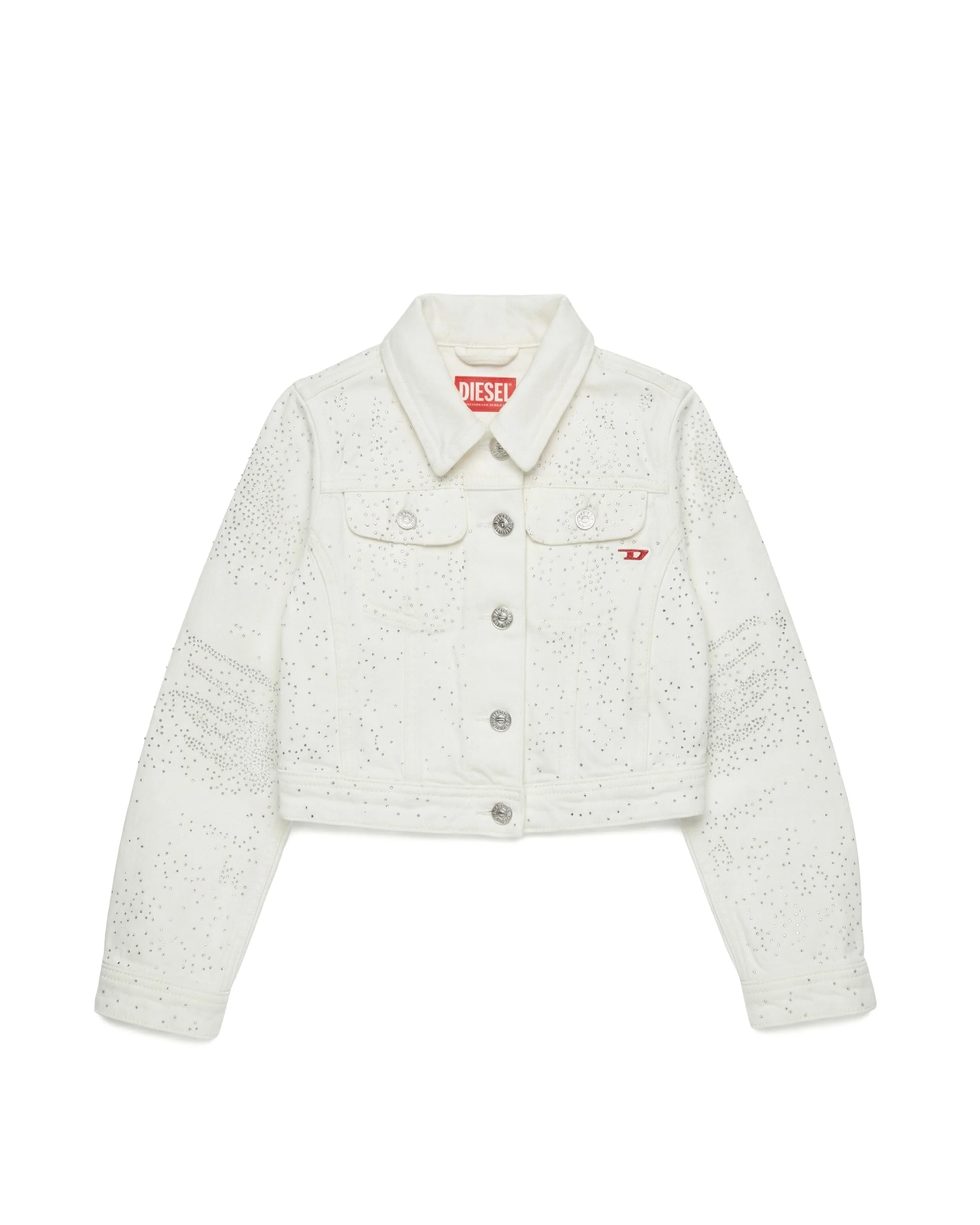 Diesel Kids Giacca in Denim Bianca con Strass e Logo Ricamato a Contrasto per Bambine