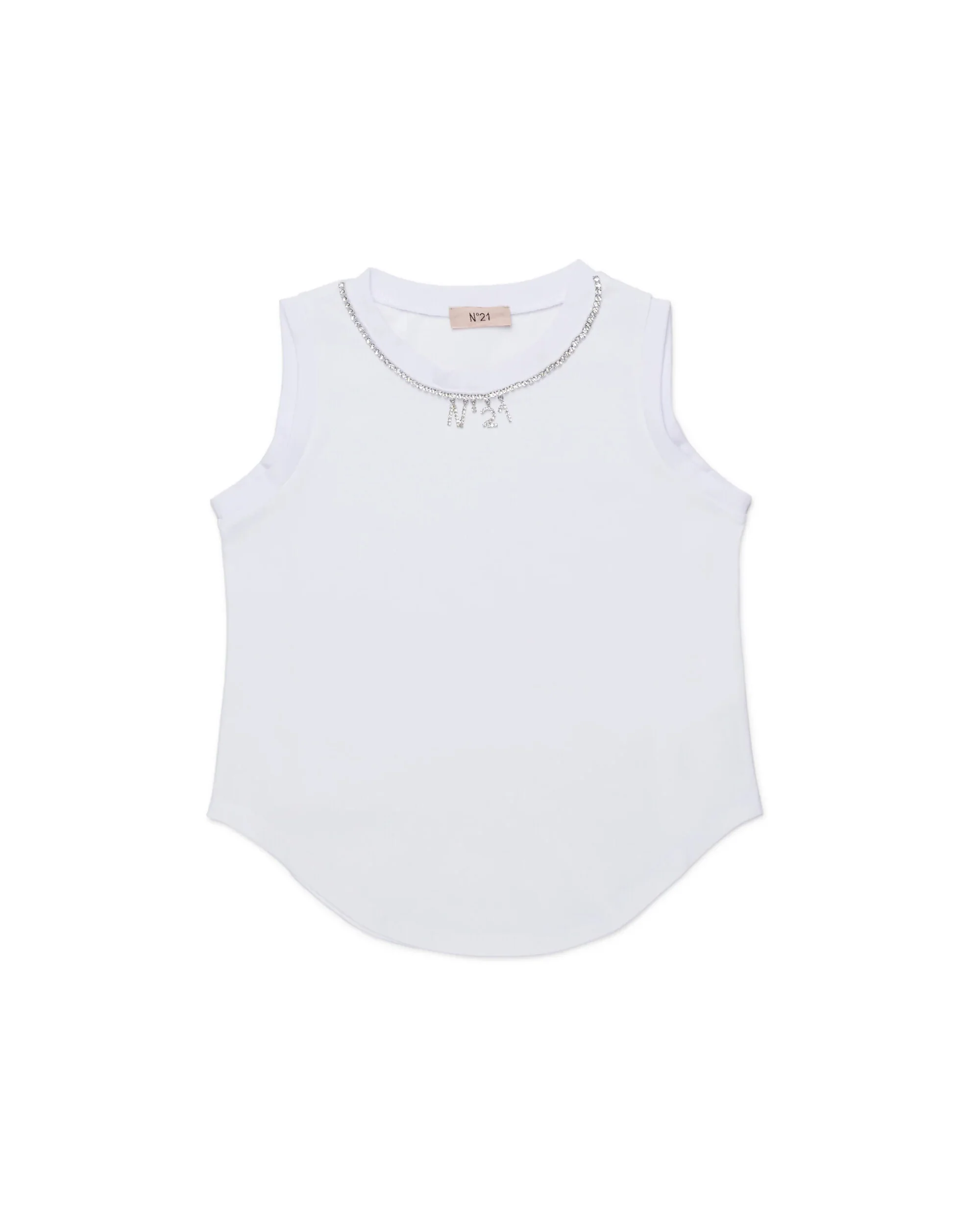 N21 Kids Canotta Bianca con Dettagli Logo e Strass per Bambine