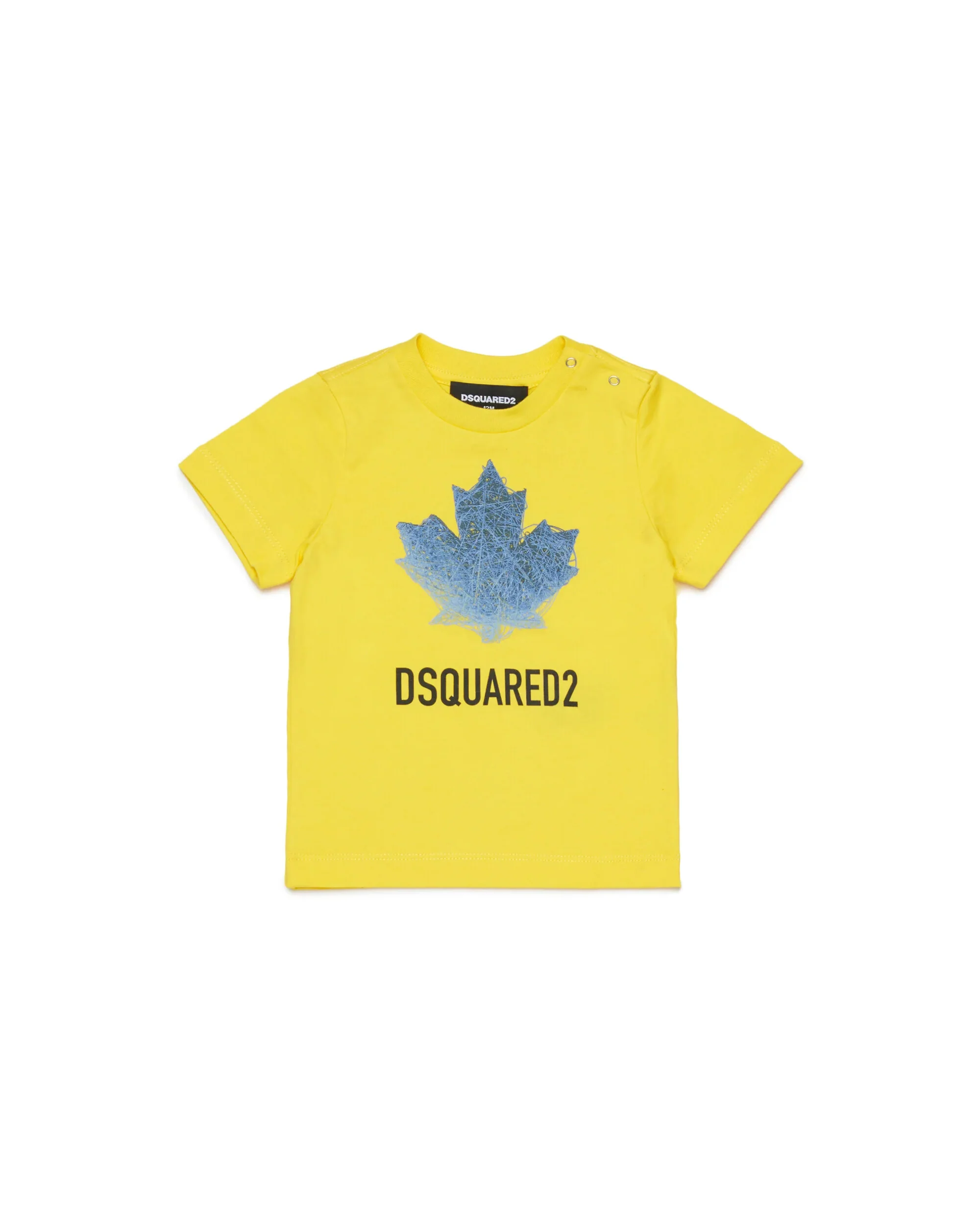 Dsquared2 Kids T-Shirt Gialla con Stampa Logo Foglio D'acero con Apertura Bottoni Spalla per Neonati