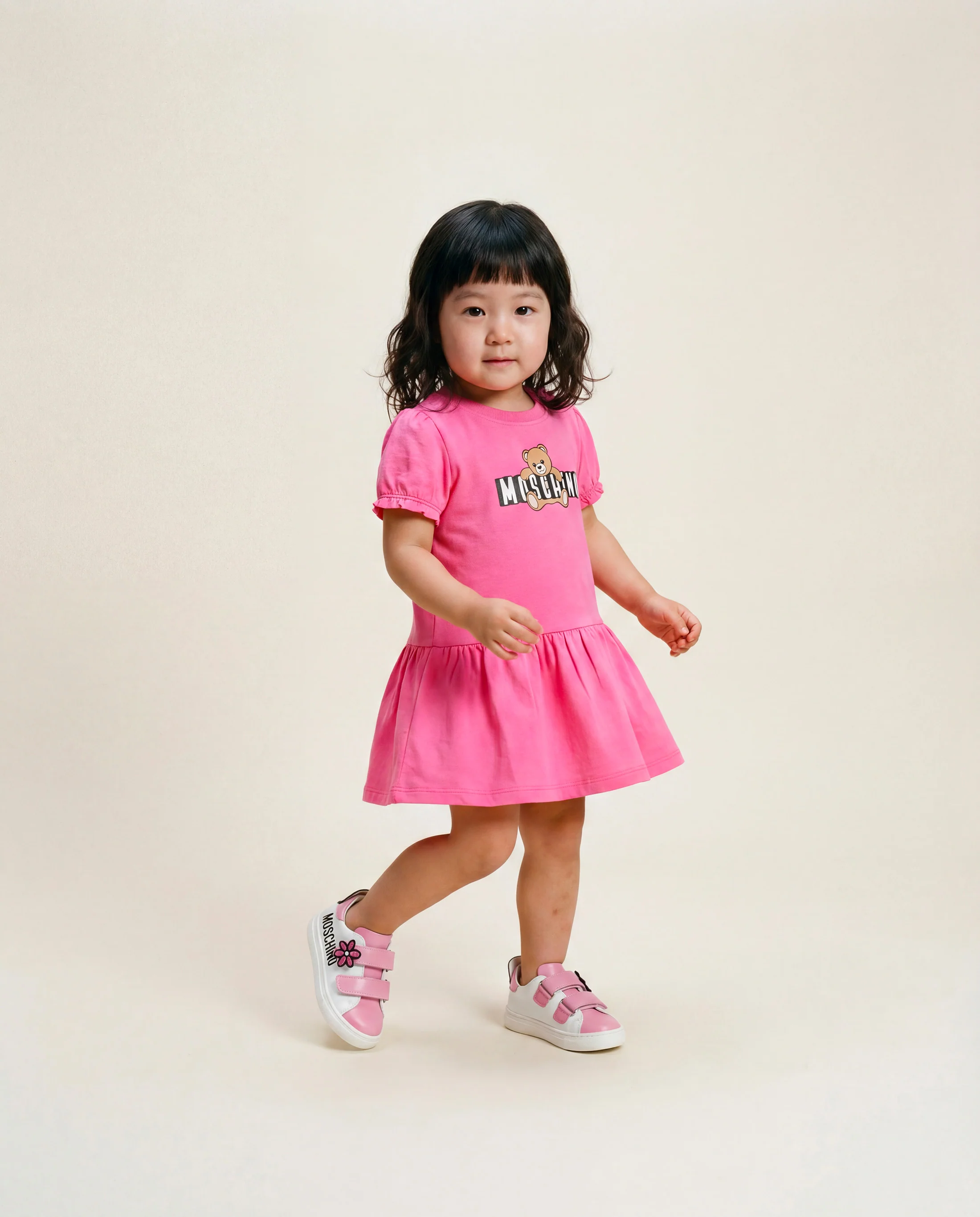 Moschino Kids Abito con Rouches Fuxia e Logo Teddy Bear per Neonate