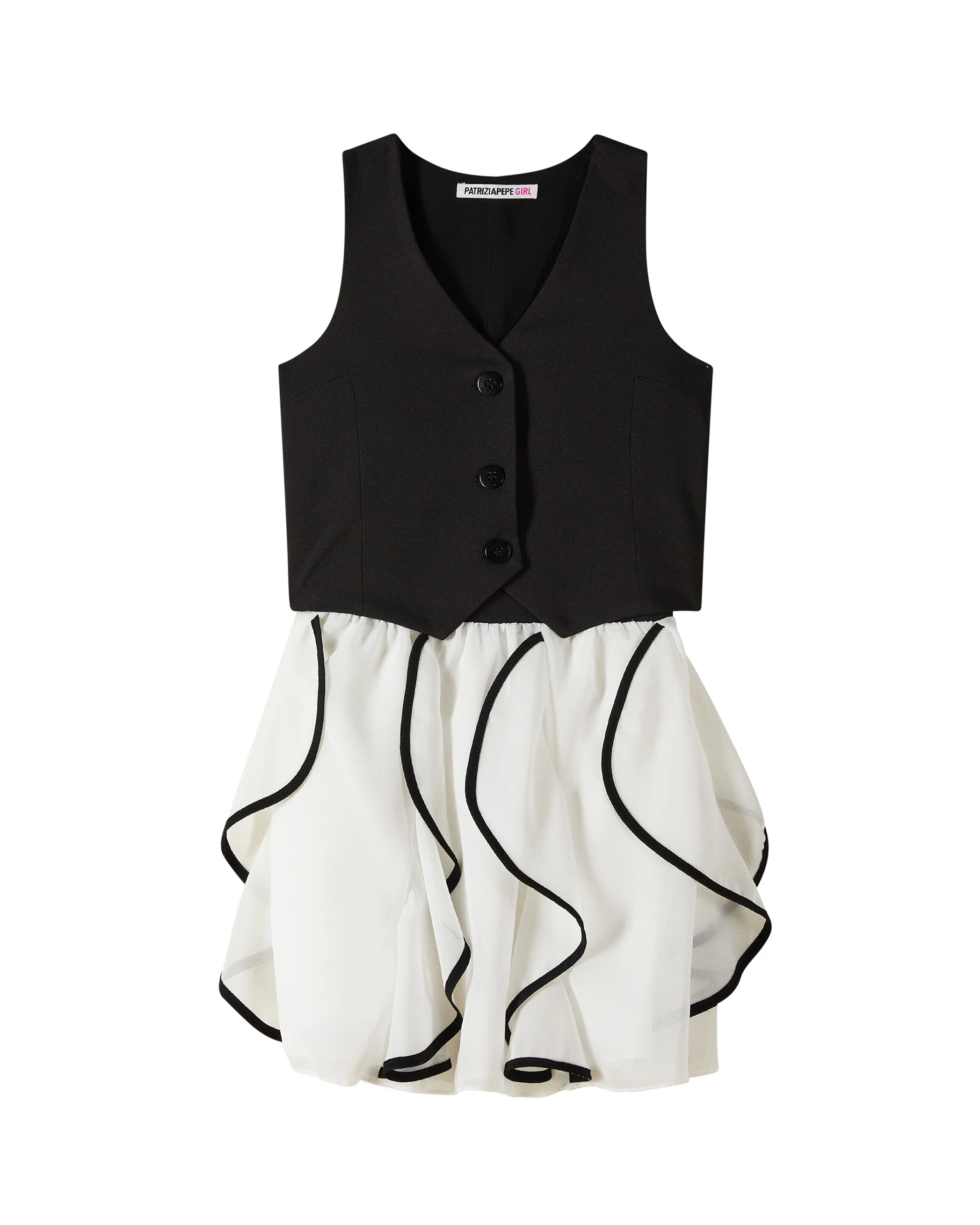 Patrizia Pepe Kids Abito Bianco/Nero con Gilet e Gonna Rouches per Bambine