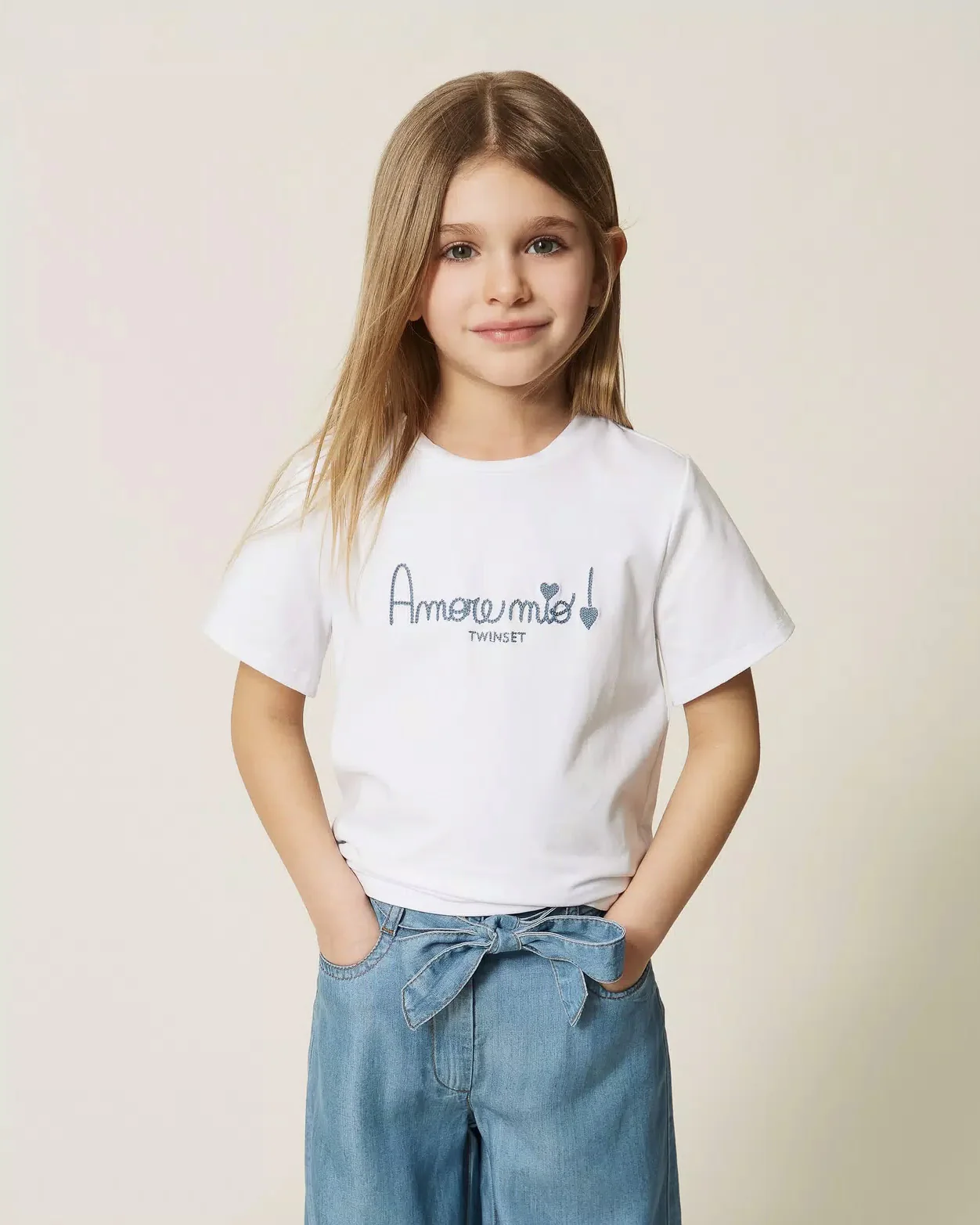 Twinset Kids T-Shirt Bianco con Ricamo Azzurro per Bambine e Neonate