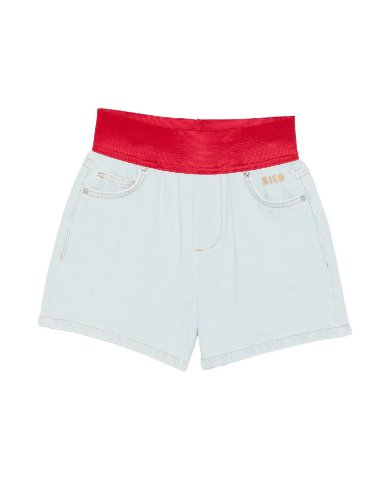 Msgm Kids Short in Denim con Banda Rossa per Bambine