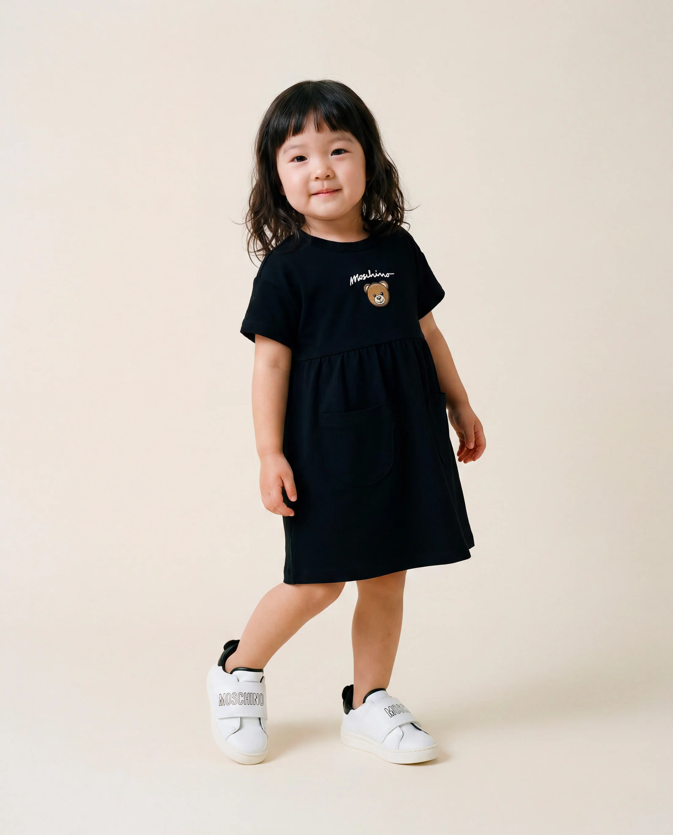 Moschino Kids Abito Nero Con Logo Teddy Bear per Neonate