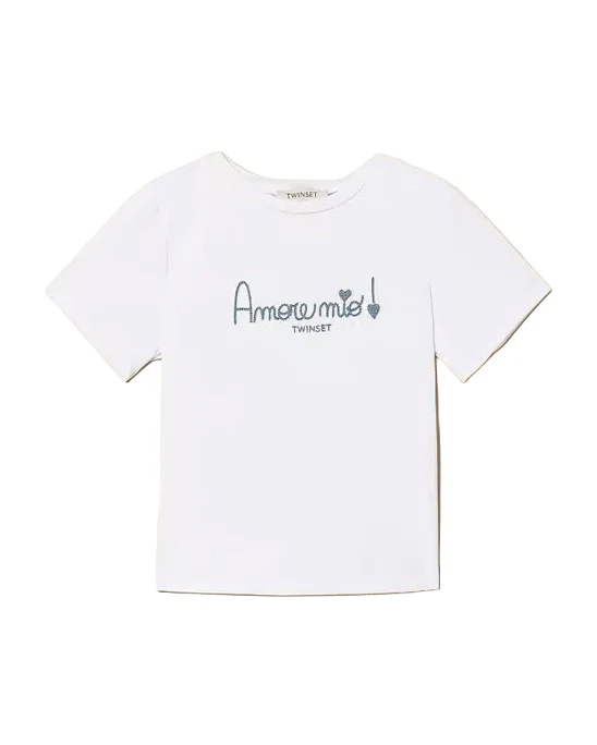 Twinset Kids T-Shirt Bianco con Ricamo Azzurro per Bambine e Neonate