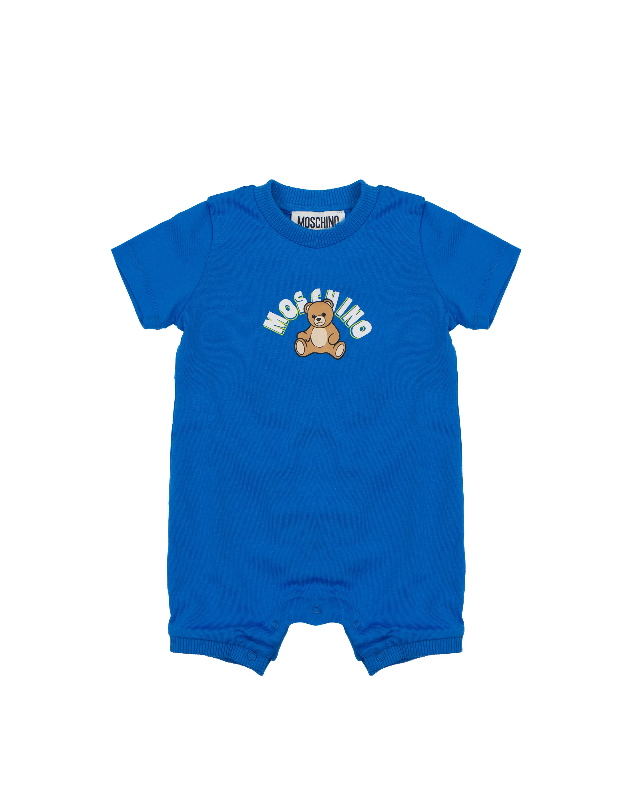 Moschino Kids Pagliaccetto Blu con Bottoni Apertura Spalla e Stampa logo Teddy per Neonati