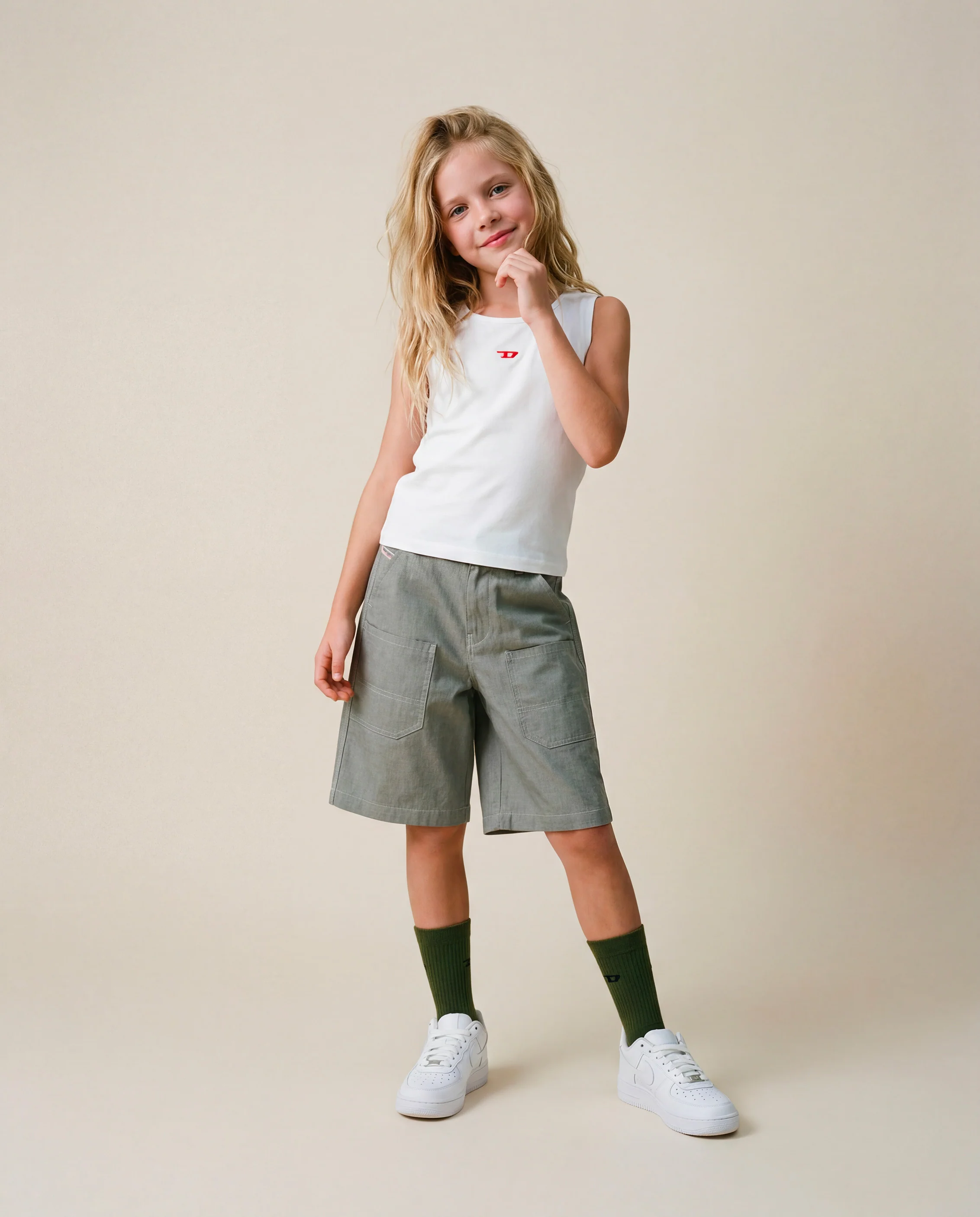 Diesel Kids Bermuda con Tasche Verde/Grigio per Bambini