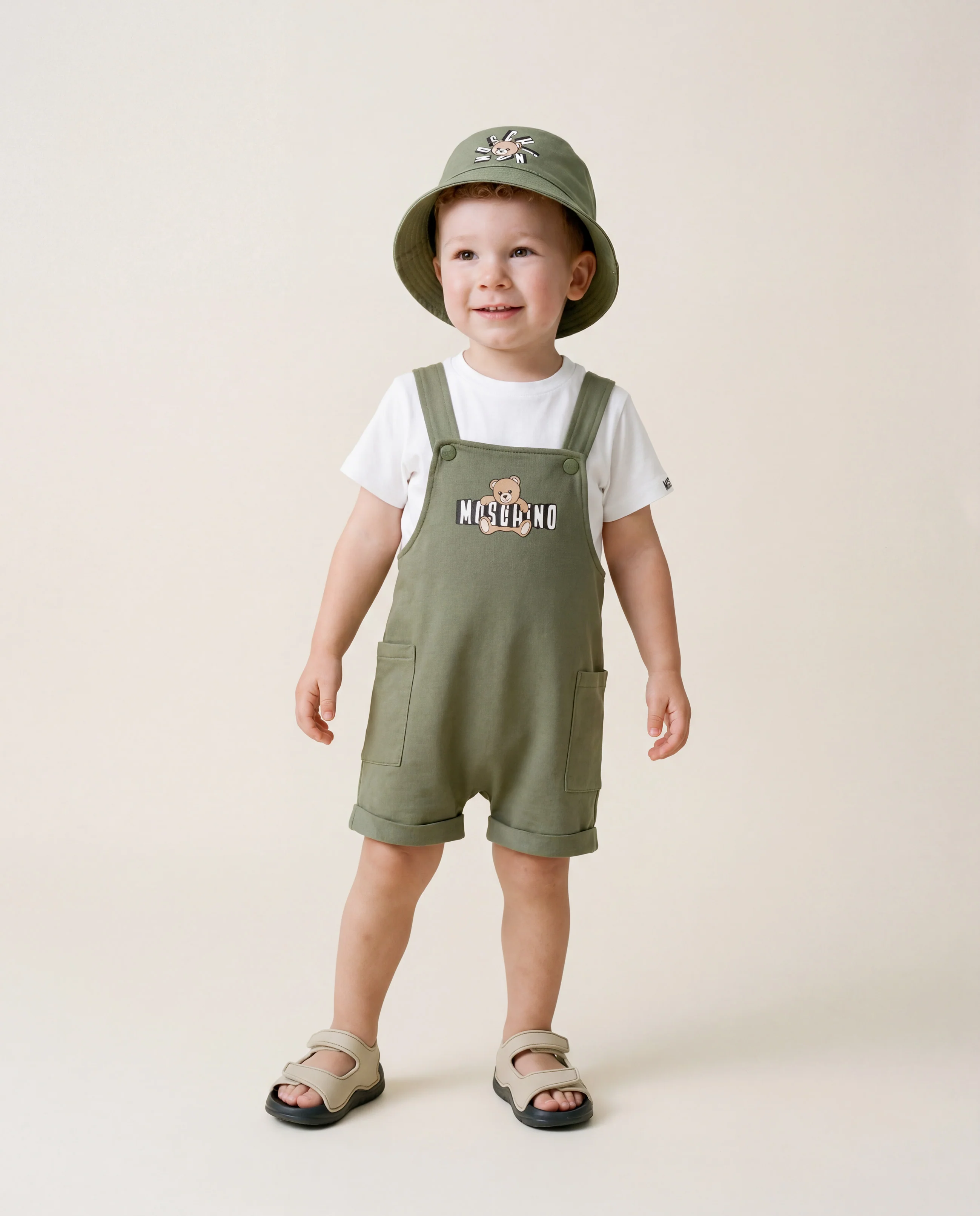 Moschino Kids T-Shirt+Salopette Bianco/Verde con Logo Teddy Bear per Neonati