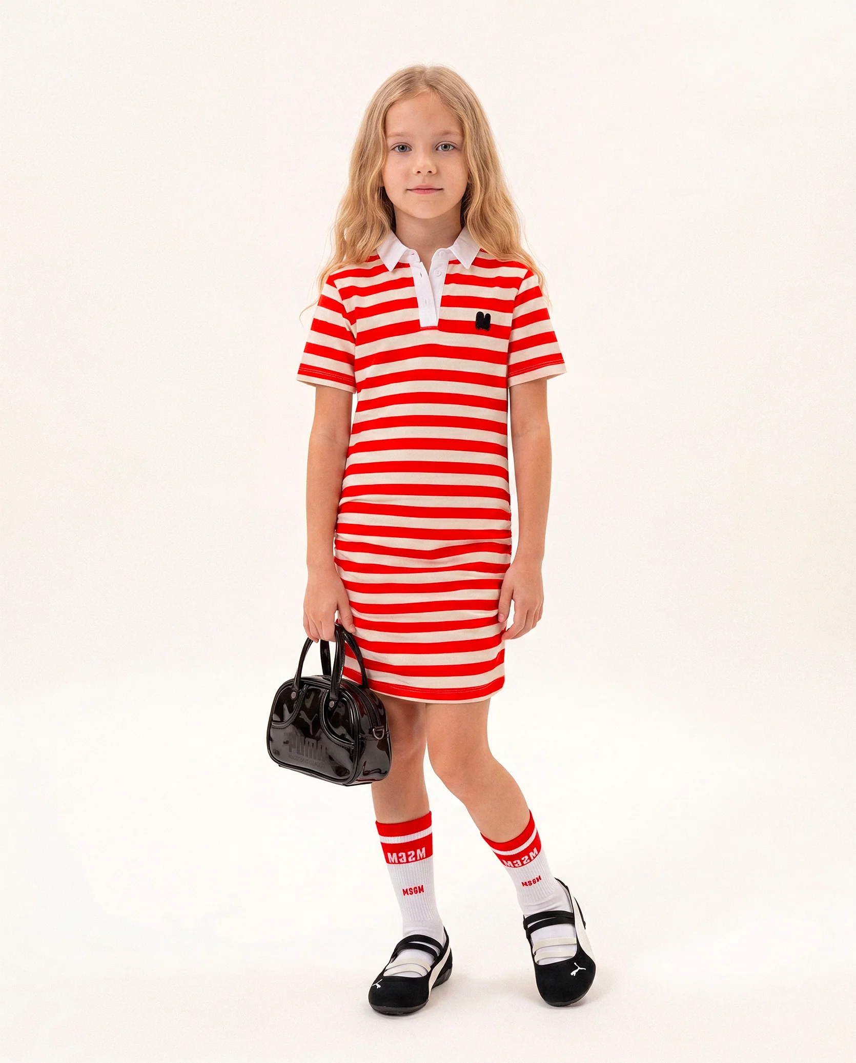 Msgm Kids Abito Rosso/Bianco Modello Polo a Righe per Bambine