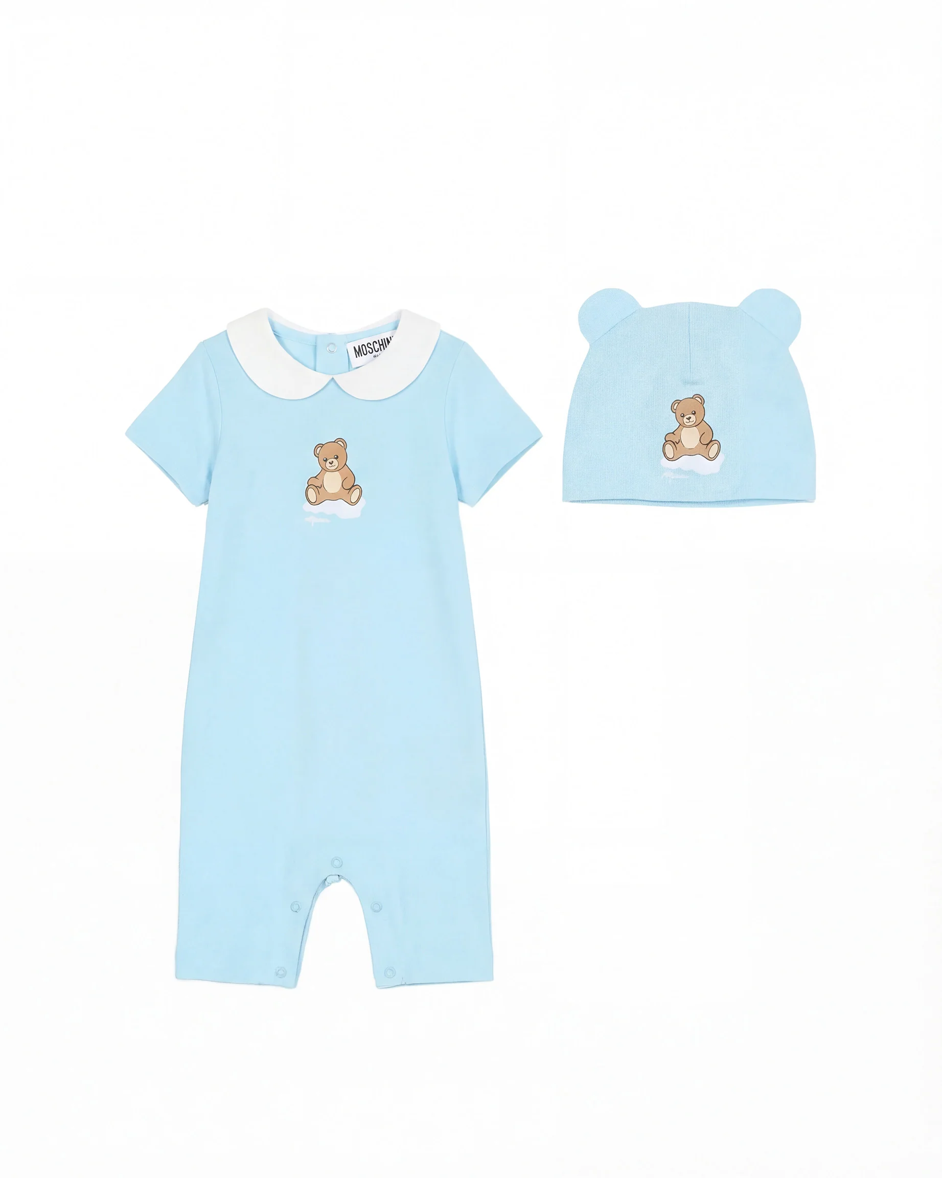 Moschino Kids Set Pagliaccetto+Cappello Celeste per Neonati