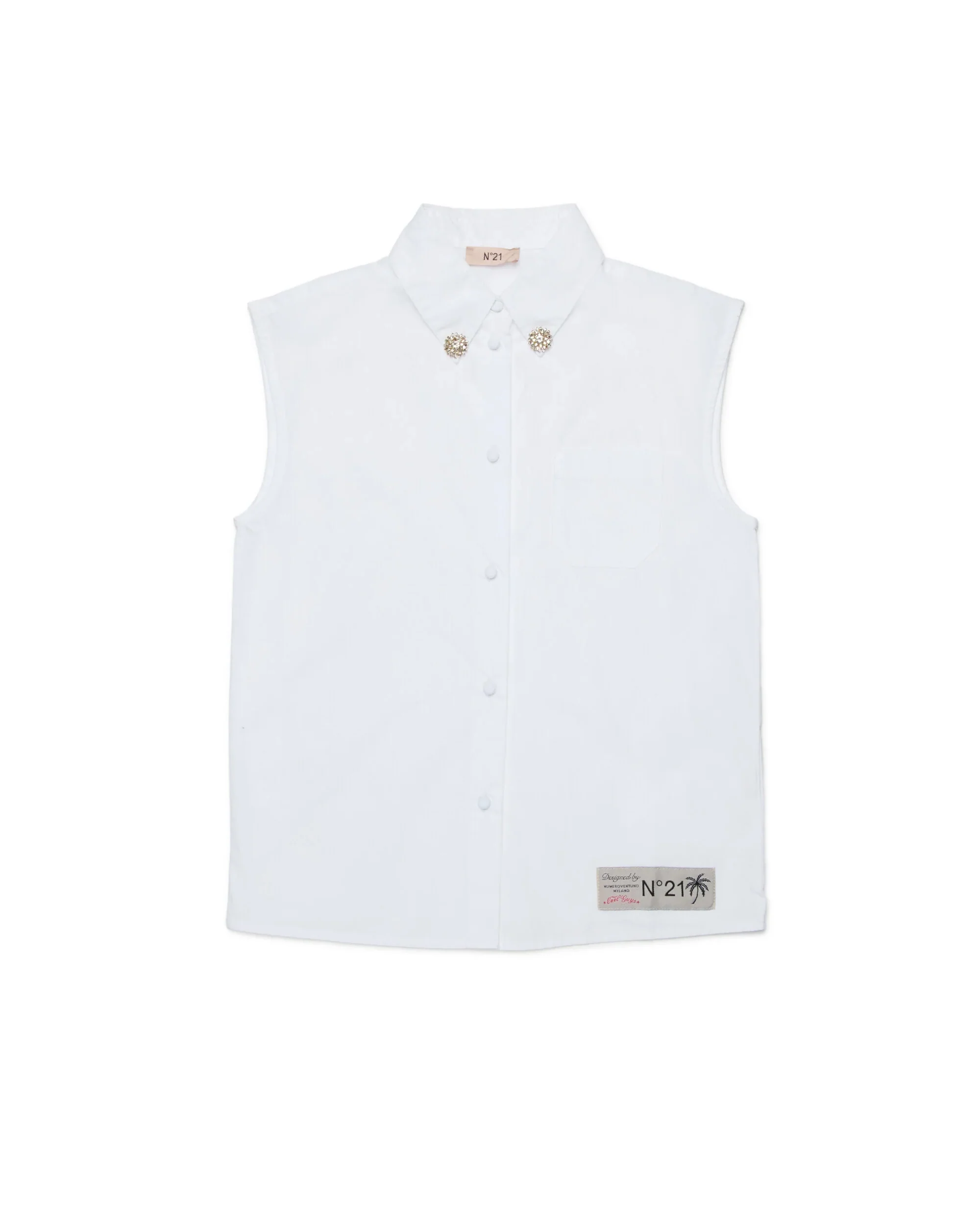 N21 Kids Camicia Smanicata Bianca con Dettaglio Etichetta Logo per Bambine