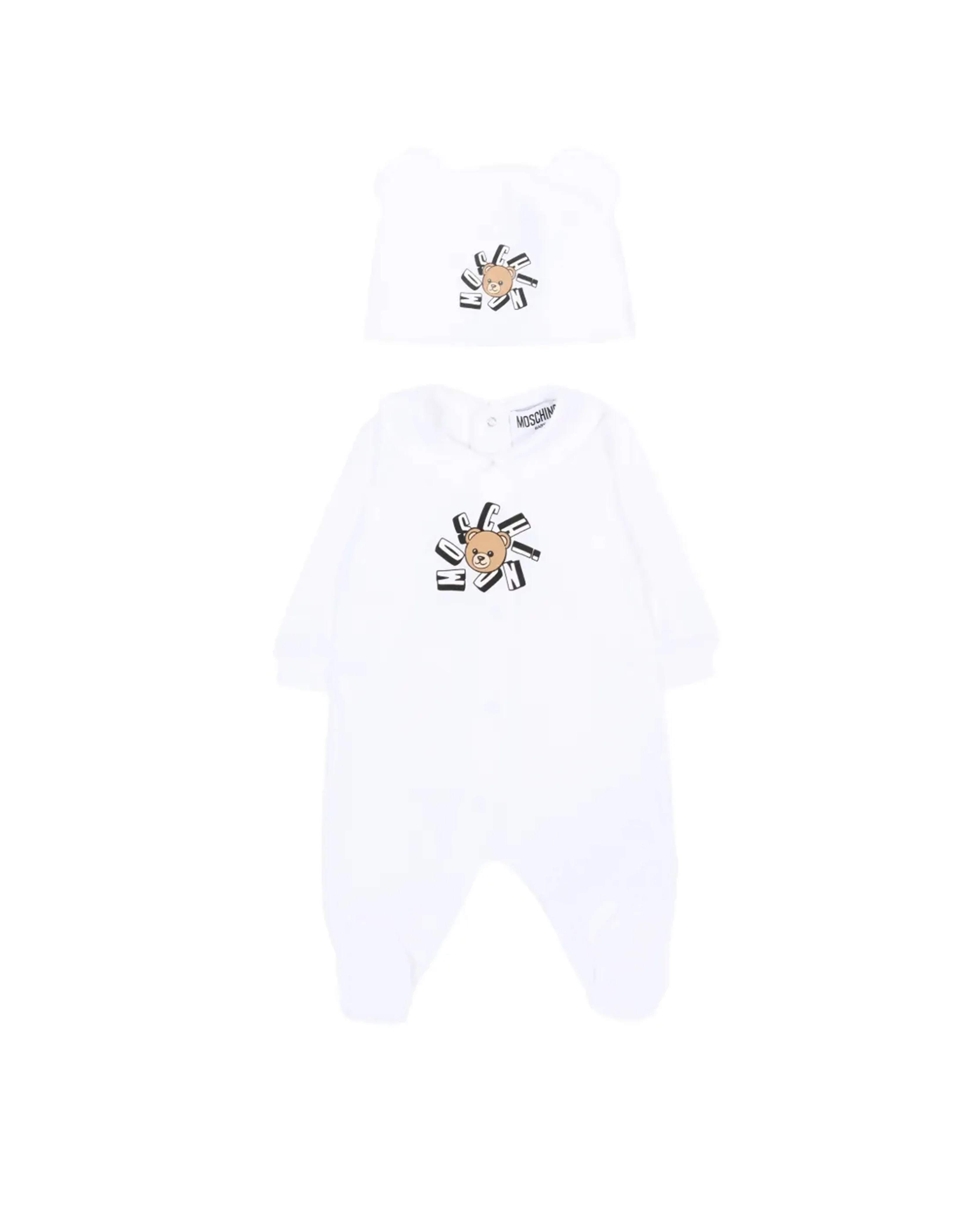 Moschino Kids Set 2pz. Tutina e Cappellino Bianco con Stampa Logo Teddy per Neonati