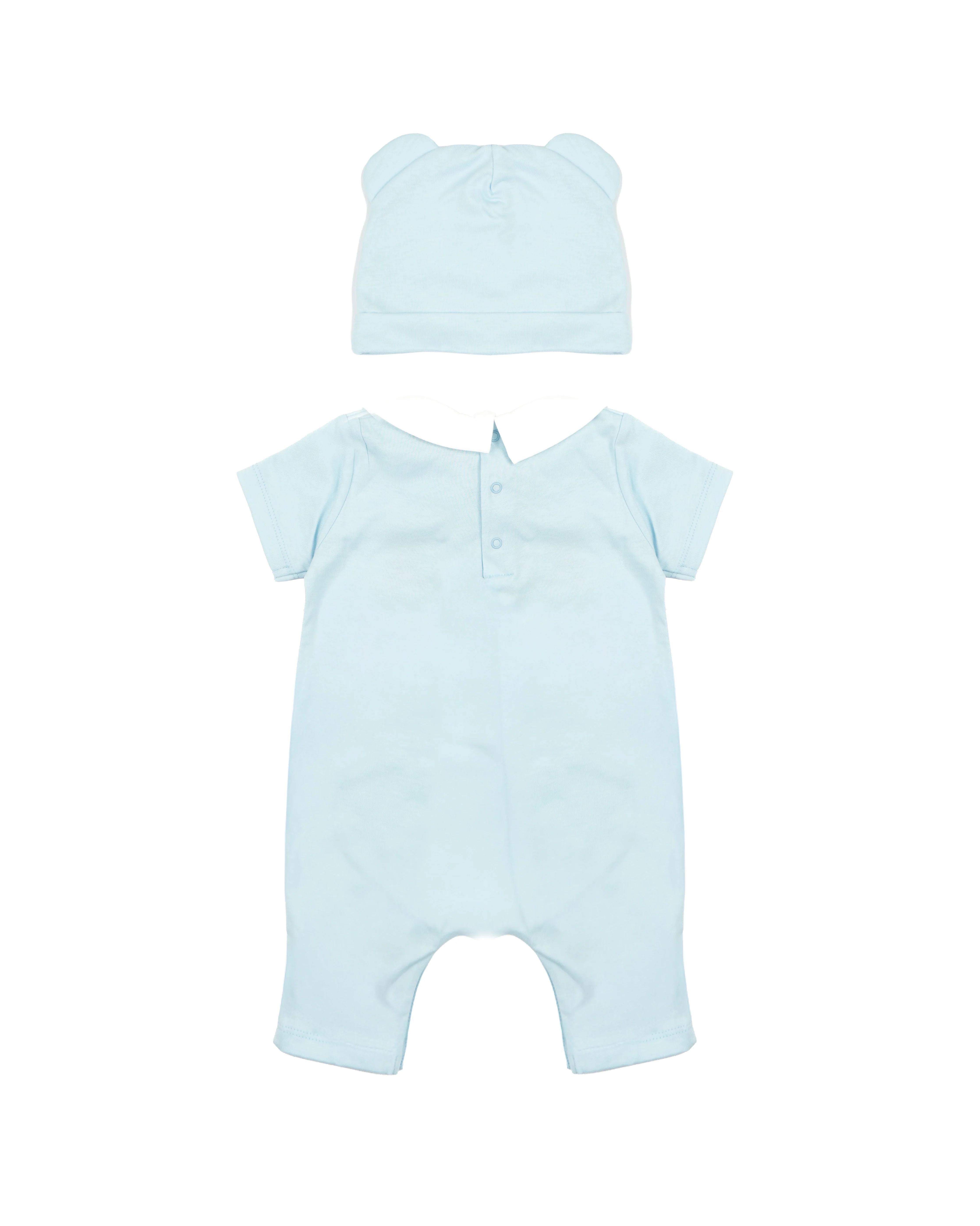 Moschino Kids Set Pagliaccetto e Cappello Celeste con Stampa Logo Teddy per Neonati
