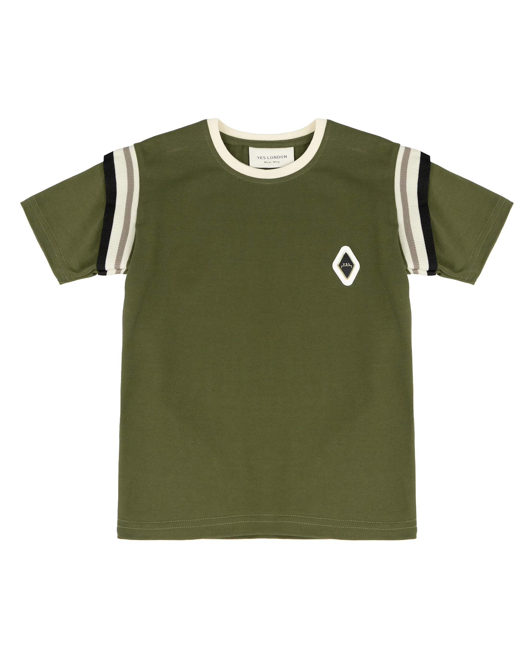 Yes London Kids T-Shirt Verde Oliva con Dettaglio su Manica e Logo in Rilievo per Bambini