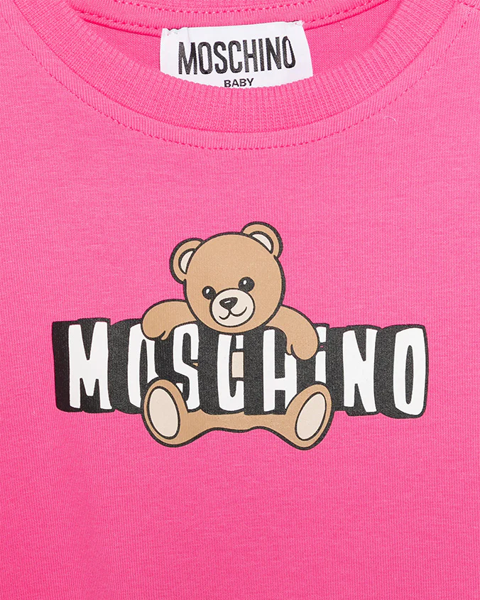 Moschino Kids Abito con Rouches Fuxia e Logo Teddy Bear per Neonate