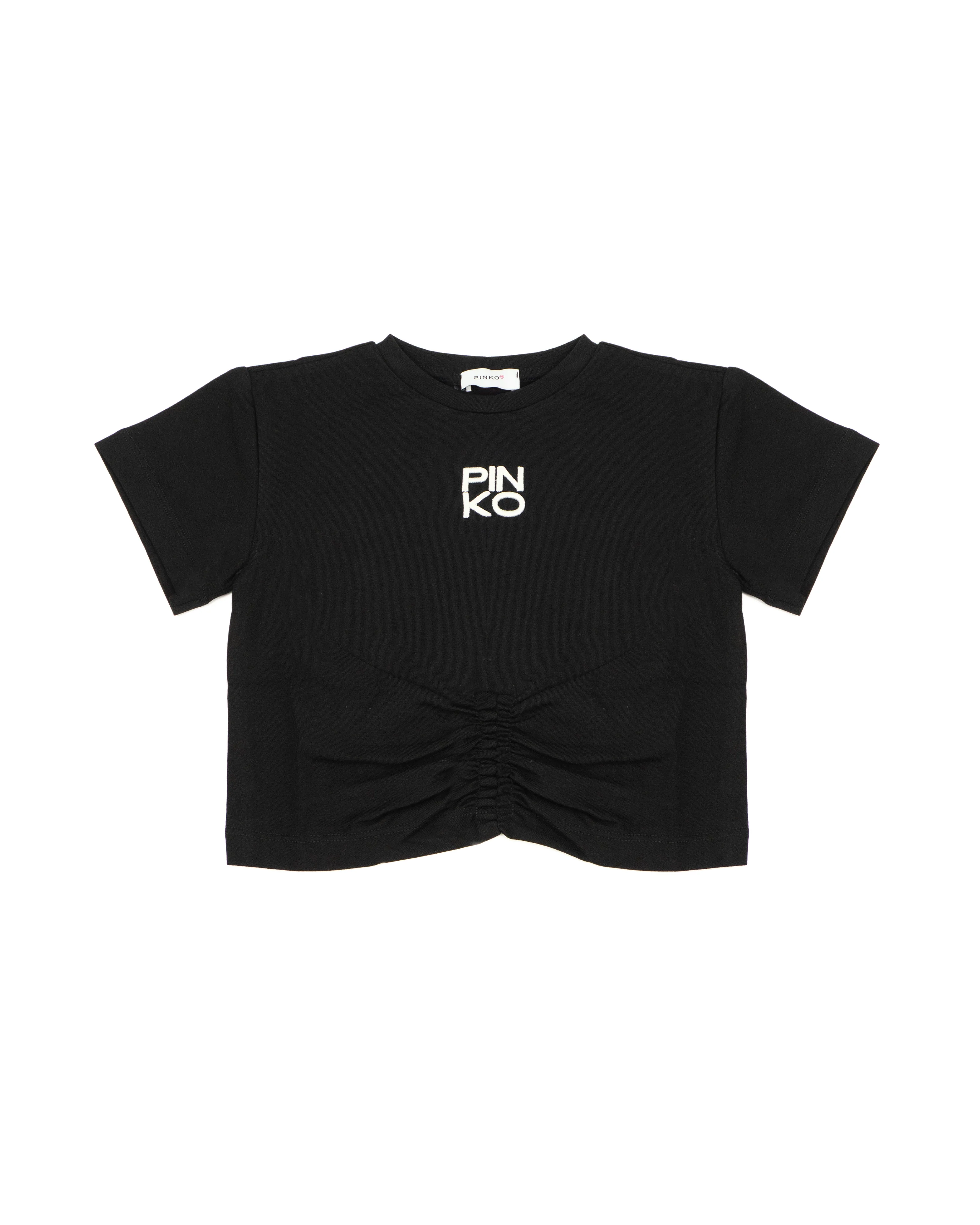 Pinko Kids T-Shirt Nero Crop Arricciata per Bambine