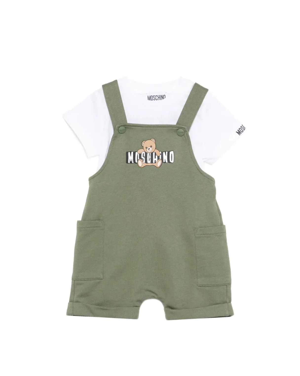 Moschino Kids T-Shirt+Salopette Bianco/Verde con Logo Teddy Bear per Neonati