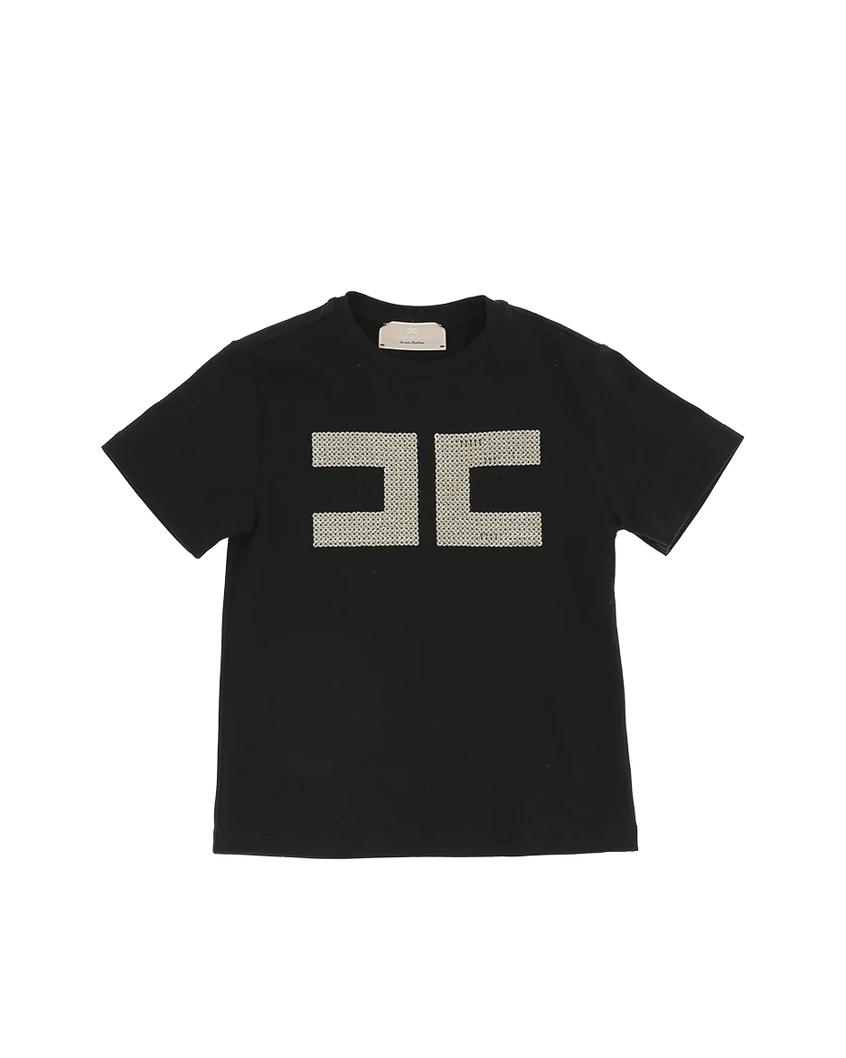 Elisabetta Franchi La Mia Bambina T-shirt Nera con Maxi Logo in Strass per Bambine
