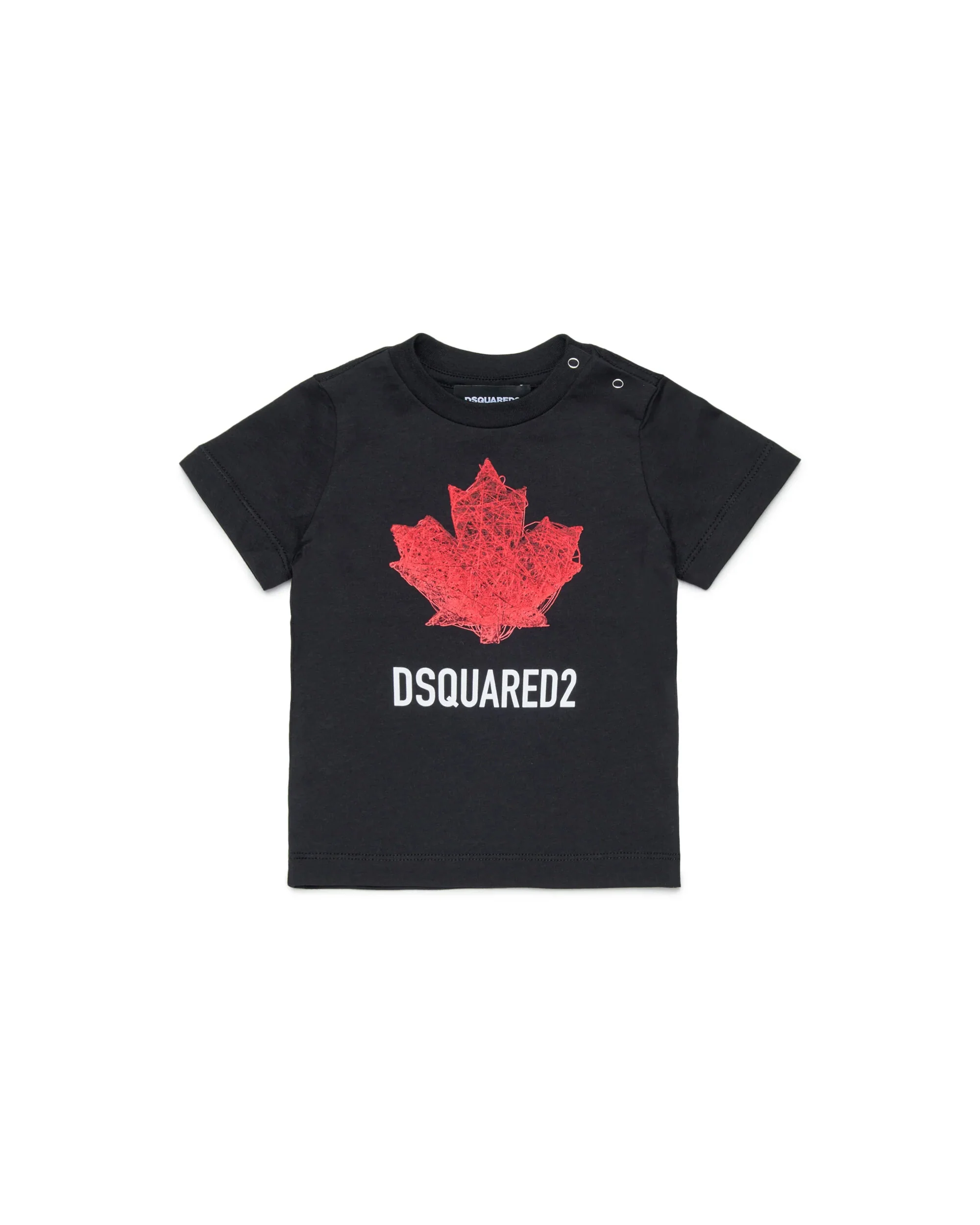 Dsquared2 Kids T-shirt Nera con Stampa Logo Foglio D'acero con Bottoni Apertura Spalla per Neonati