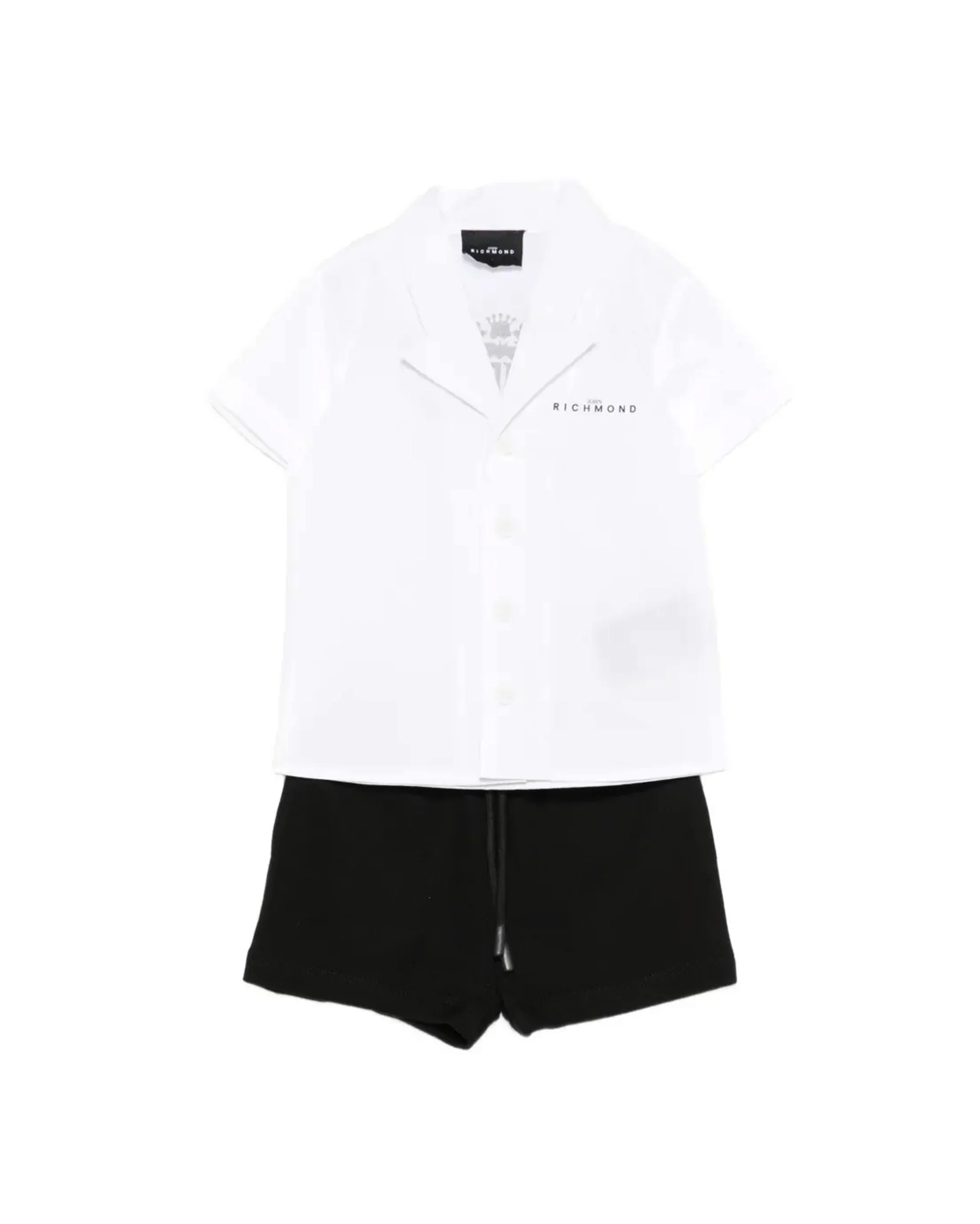 John Richmond Kids Completo Camicia+Bermuda Bianco/Nero con Stampa Logo per Neonati