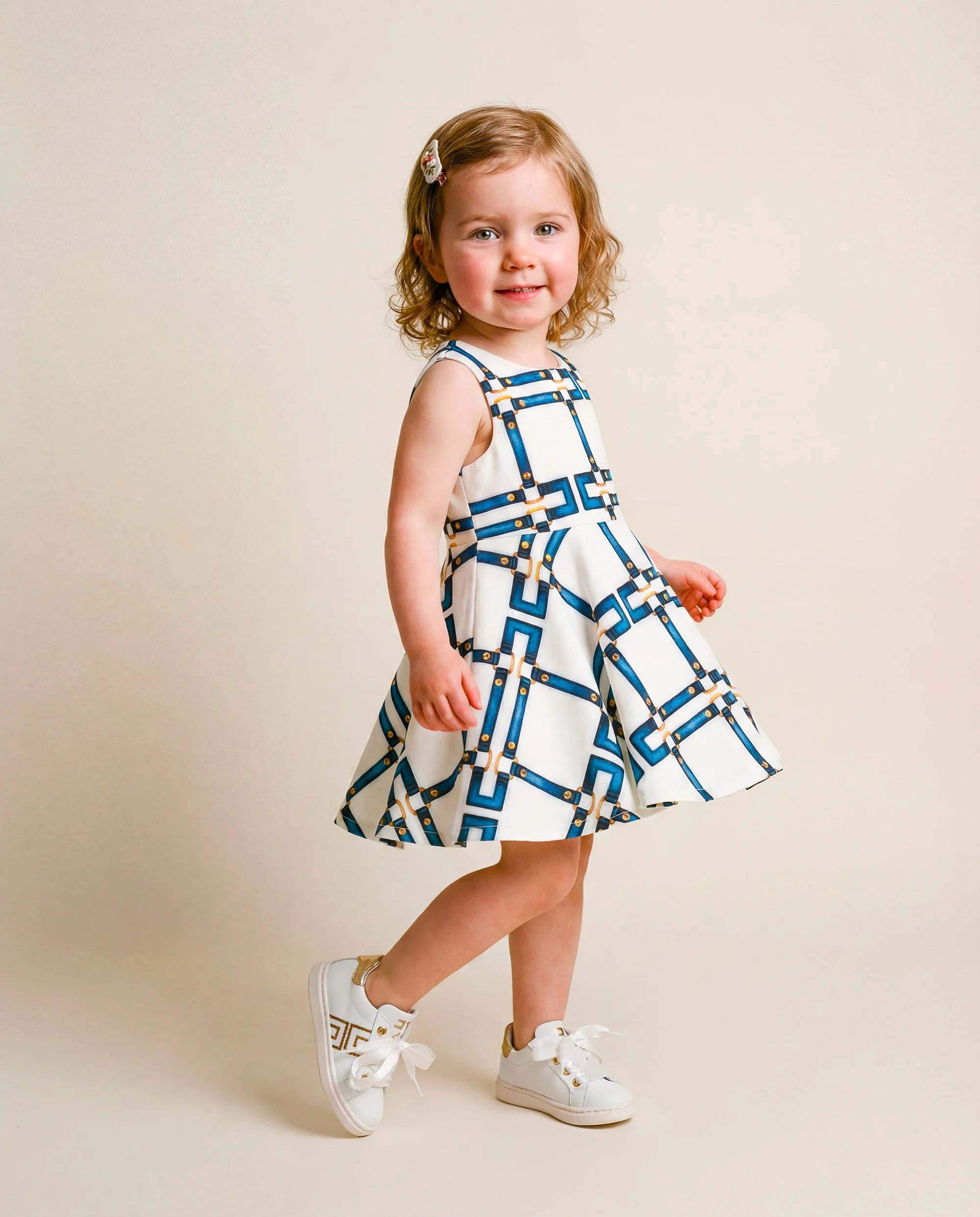 Elisabetta Franchi La Mia Bambina Abito Avorio con Motivo Catene Blu per Neonate