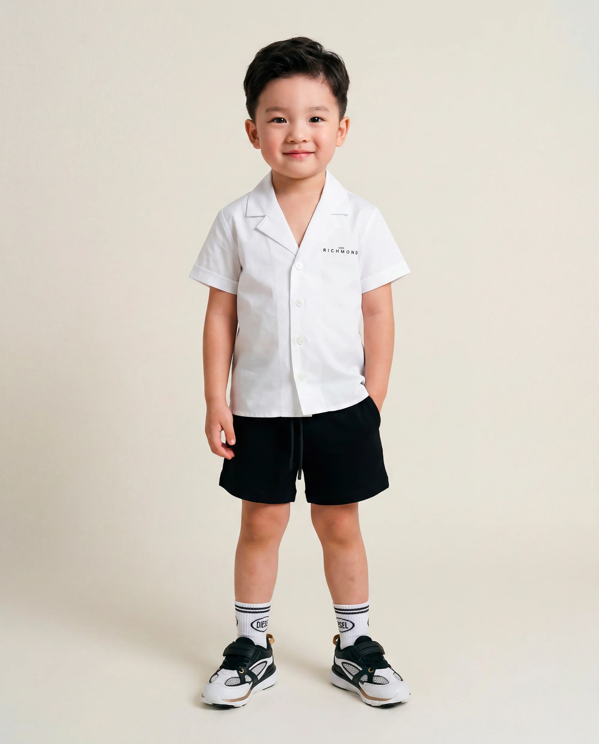 John Richmond Kids Completo Camicia+Bermuda Bianco/Nero con Stampa Logo per Neonati