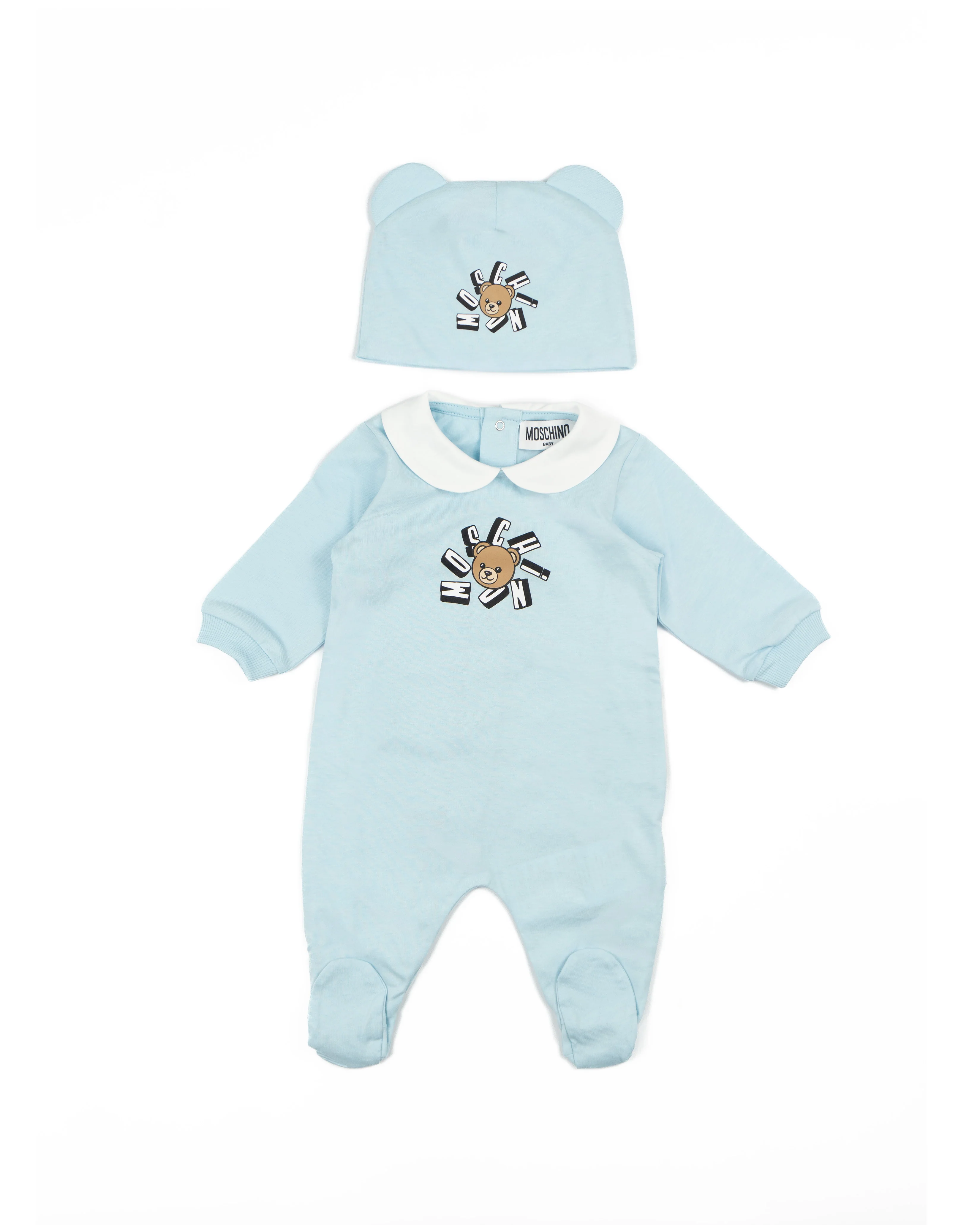 Moschino Kids Set 2pz. Tutina e Cappellino Celeste e Logo Teddy per Neonati