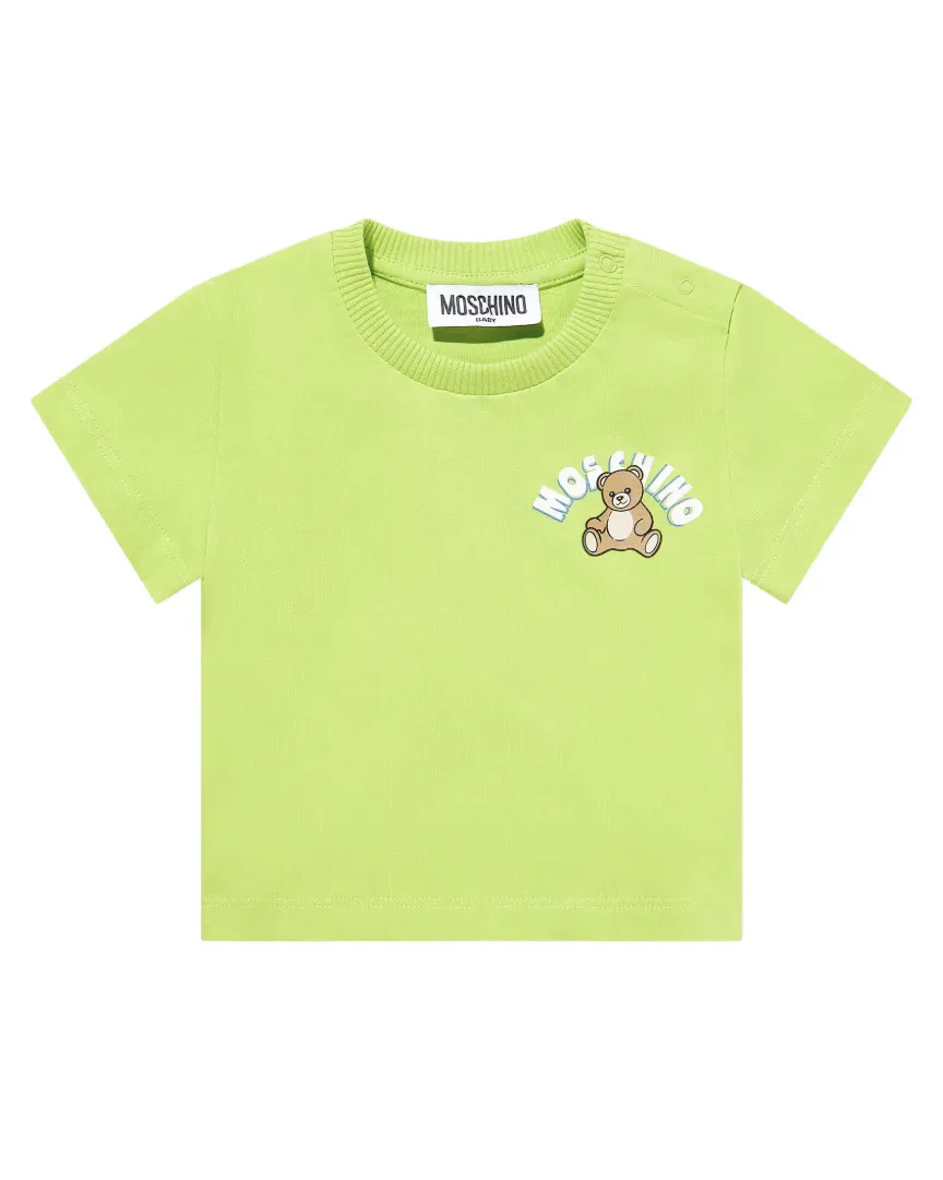 Moschino Kids T-Shirt Verde con Logo Teddy Bear per Neonati