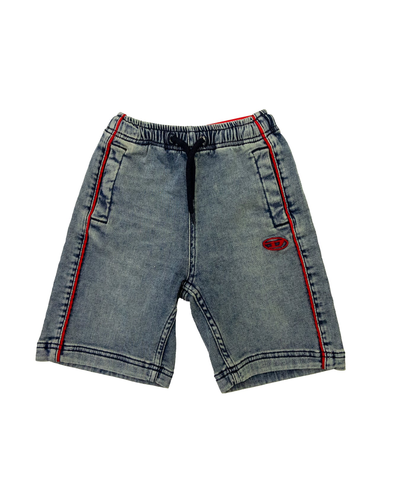 Diesel Kids Bermuda con Lavaggio Sabbiato Dettagli a Contrasto Rossi e Logo Oval D Ricamato per Bambini