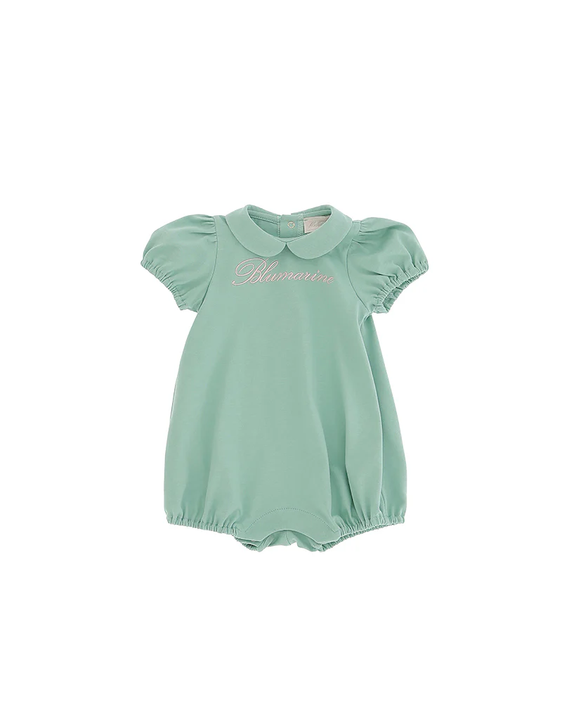 Blumarine Kids Pagliaccetto Verde con Maniche a Sbuffo e Ricamo Logo a Contrasto per Bambine