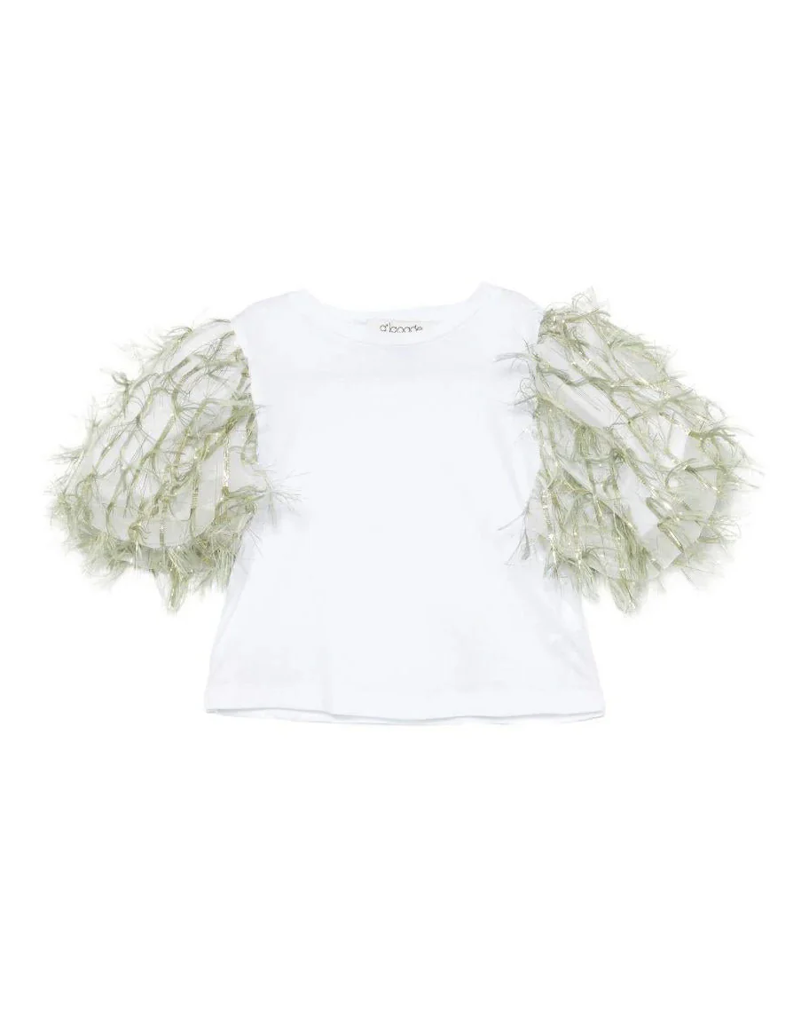 A'lapage Kids T-Shirt Bianco con Maniche Frangiate Oliva per Bambine